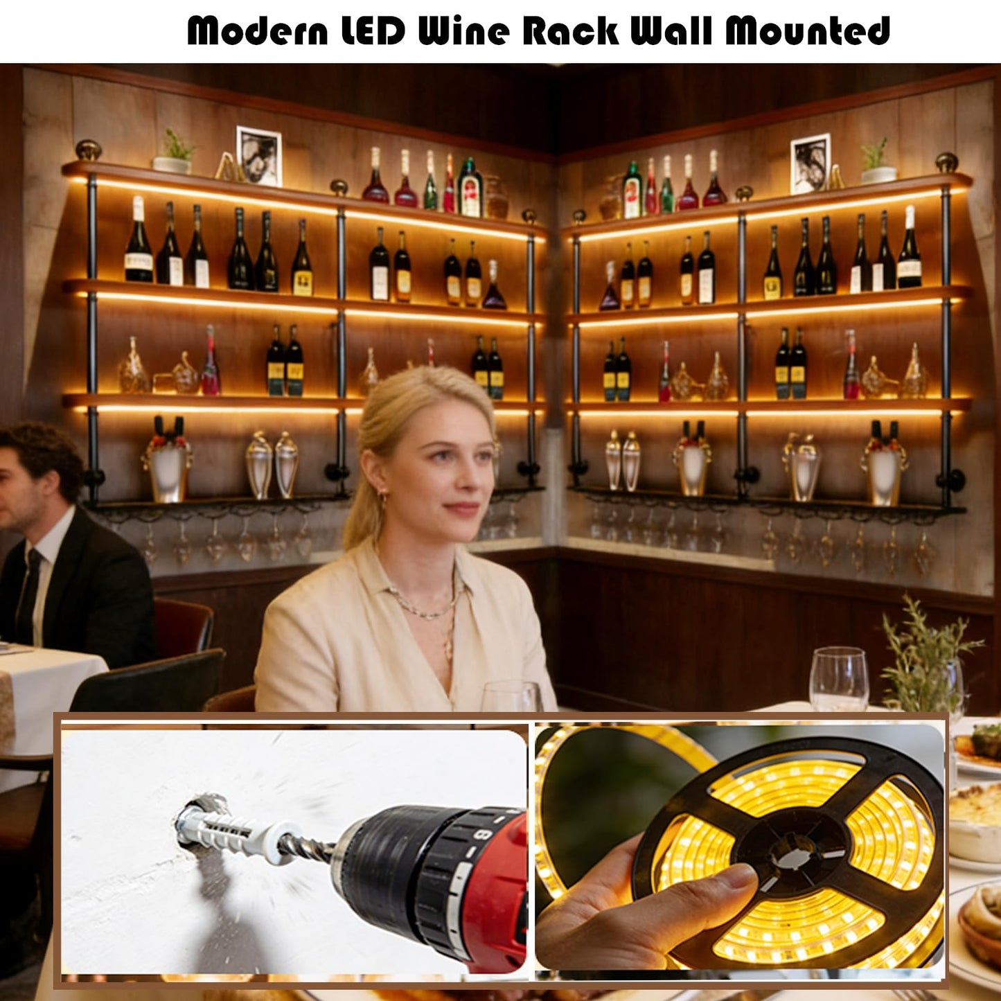 YTALUTTNIE 31.4in Wall Mounted Wine Rack with LED Lights, 4-Tier Industrial Wood Floating Shelves, Metal Wine Glass Rack, Liquor Shelf Storage Organizer for Home Bar, Dining Room, Kitchen, Bar
