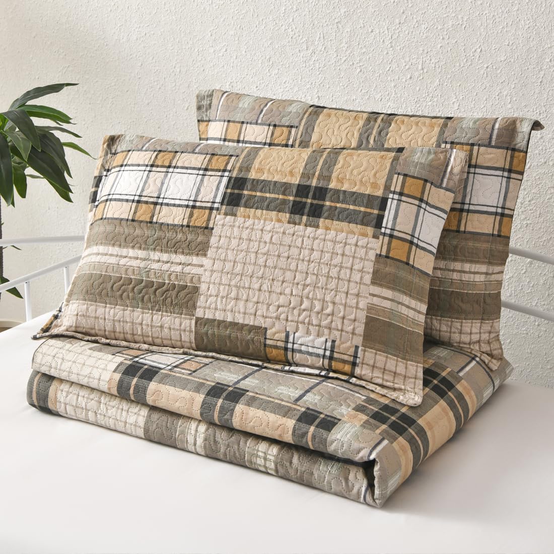 Jarson 3 Pcs Plaid Daybed Cover Set Twin Size Brown Beige Sofa Cover Double Side Bed Set Classic Patchwork Bedding Sets Daybed Quilt Set with Pillow Shams