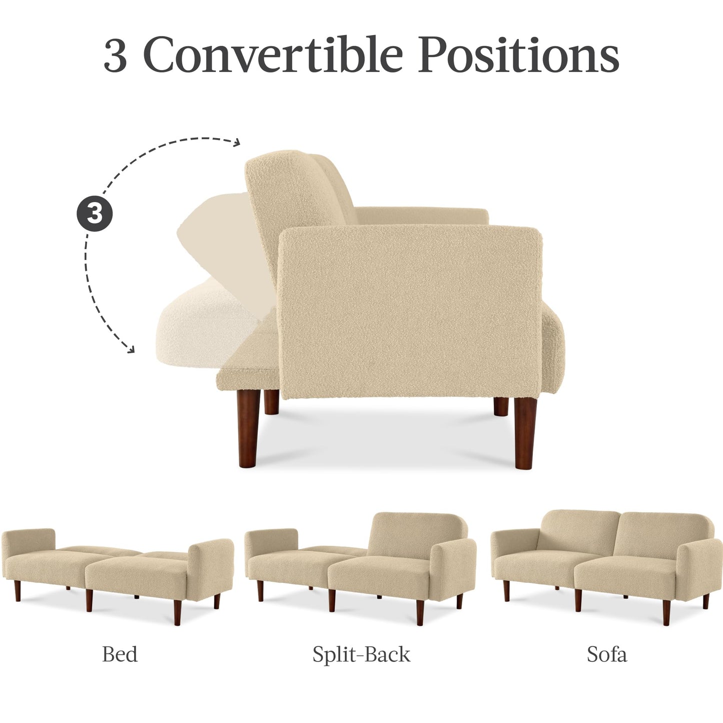 Best Choice Products 77" Mid Century Modern Boucle Loveseat Sofa, Couch, Convertible Sofa Sleeper Bed w/Real Wood, Removable Armrest - Oatmeal