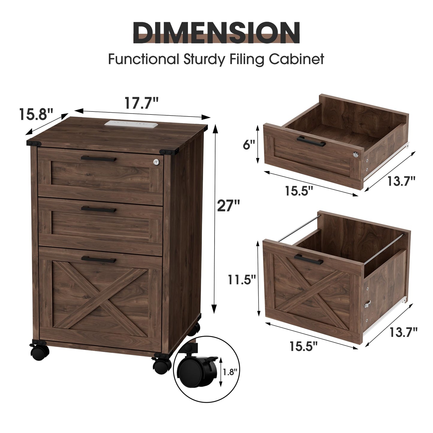 Onelike Small Wood File Cabinet with Lock, Nightstand with Charging Station, 3 Drawer Under Desk Lateral Filing Cabinets for Home Office, Printer Stand with Storage, Brown