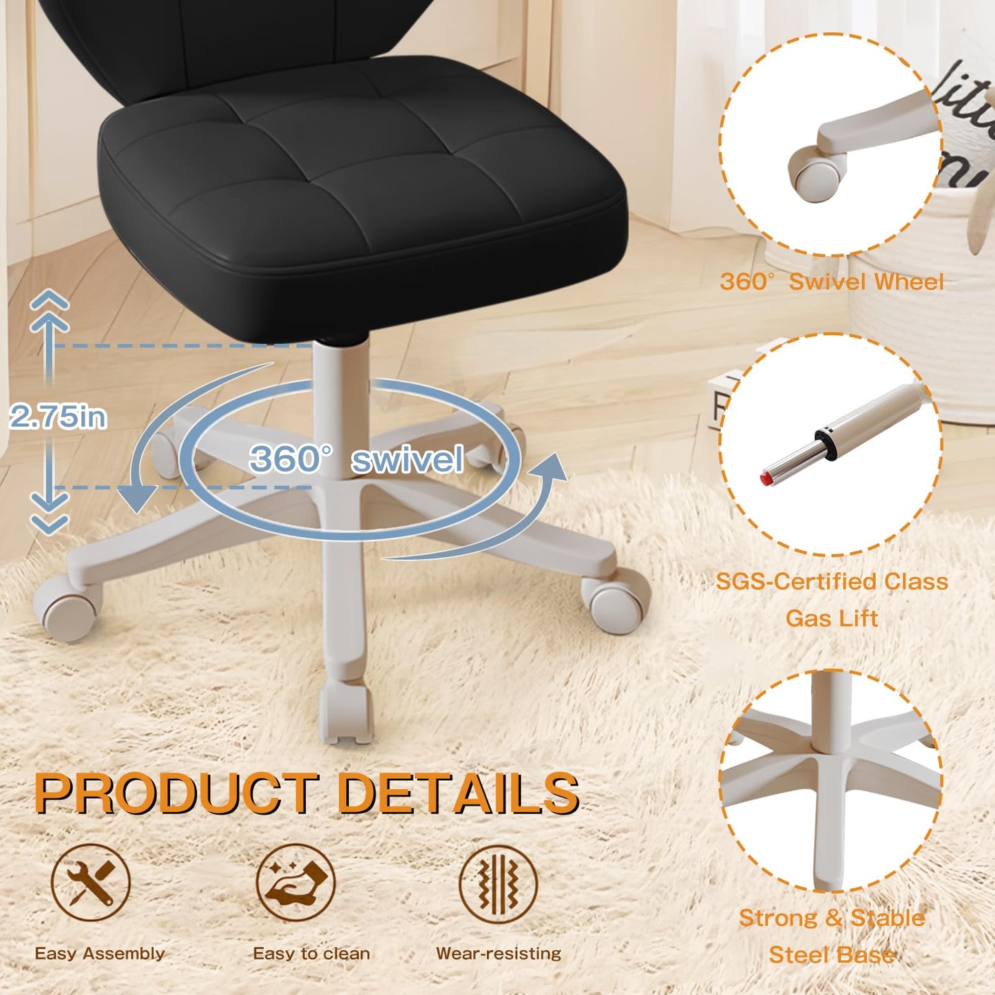 Walktory Vanity Chair with Back – Small Armless Office Chair with Wheels, Lumbar Support, PU Leather, Adjustable Height, 360° Swivel for Home, Bedroom, Office Black Set of 1