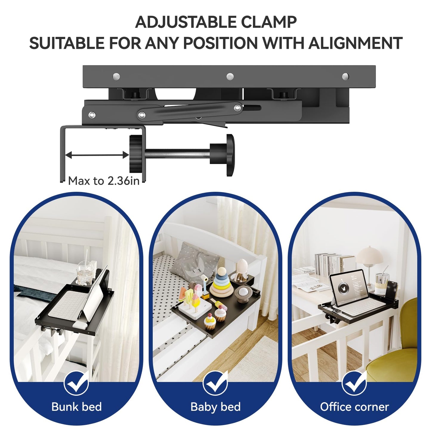 AmzAge Metal Bedside Shelf Table Tray with Cup Holder, Foldable Bed Side Table for Bunk Bed & Top Bunk, College Dorm Room Essentials for Guys & Girls, Clip-on Laptop Nightstand for IKEA Beds, Black
