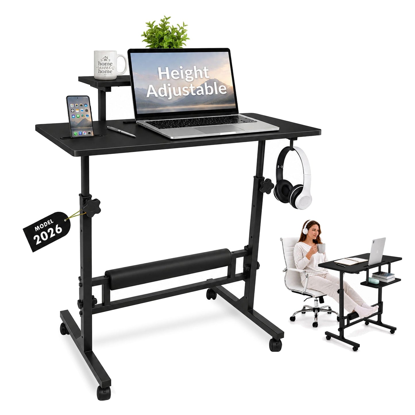 Model 2026 Adjustable Height Rolling Desk With Wheels Portable Compact Laptop Table Mobile Workstation For Study Office Small Space Standing Desk Ergonomic Writing Surface Modern Home Furniture Black