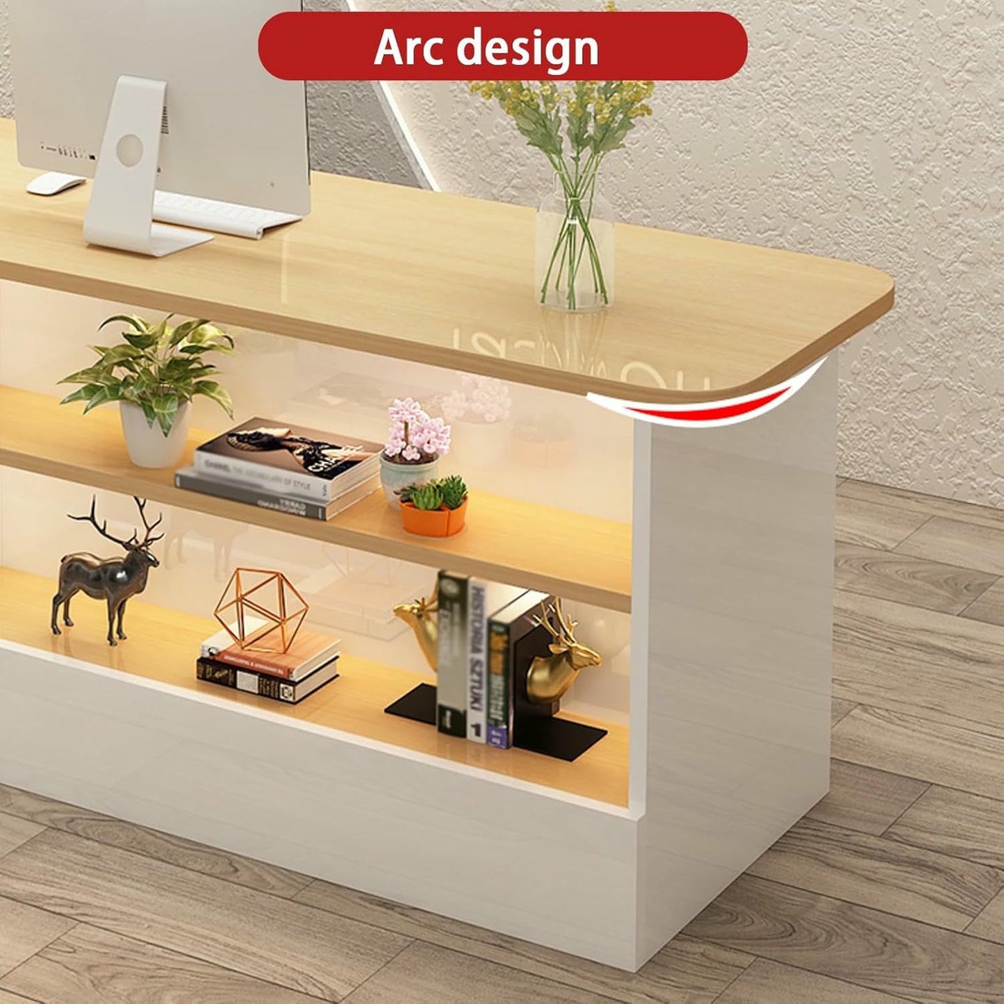 Reception Desk, Retail Checkout Counter, Front Desk Reception Counter, Wooden Checkout Office Desk with Lockable Drawer and LED Light, for Salon Reception Room Store Hotel(White+Beige L,100cm/3