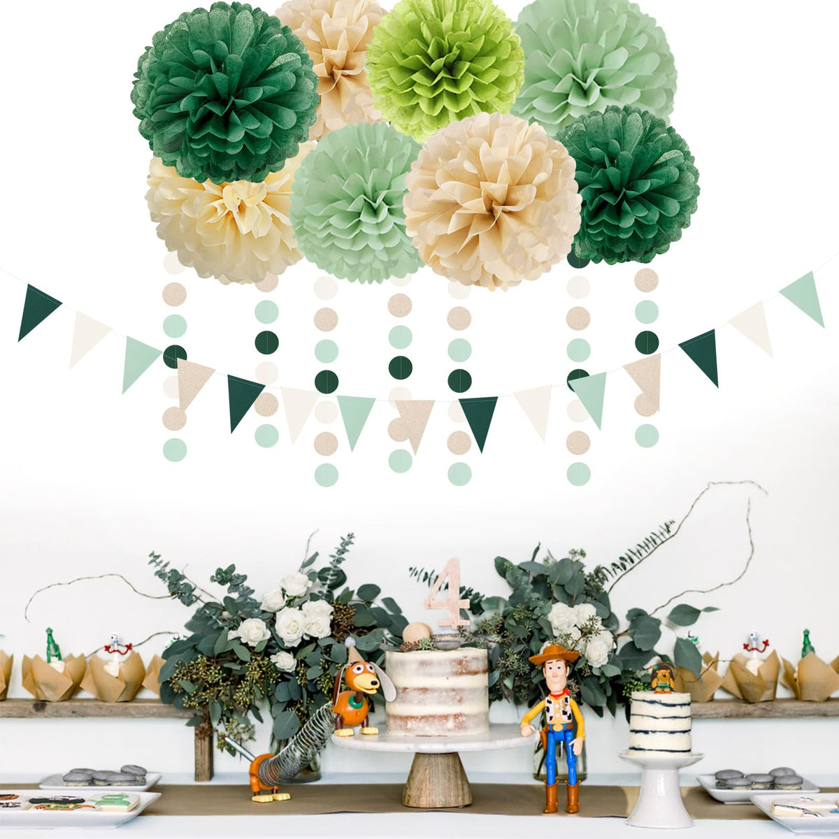 Sage-Olive Green Champagne-Gold Party Decorations - 30pcs Rustic Boho Wedding Paper Tissue Pom Poms Streamers,Tassel Garland Banner,Birthday Baby Bridal Shower Engagement Decor Lasting Surprise