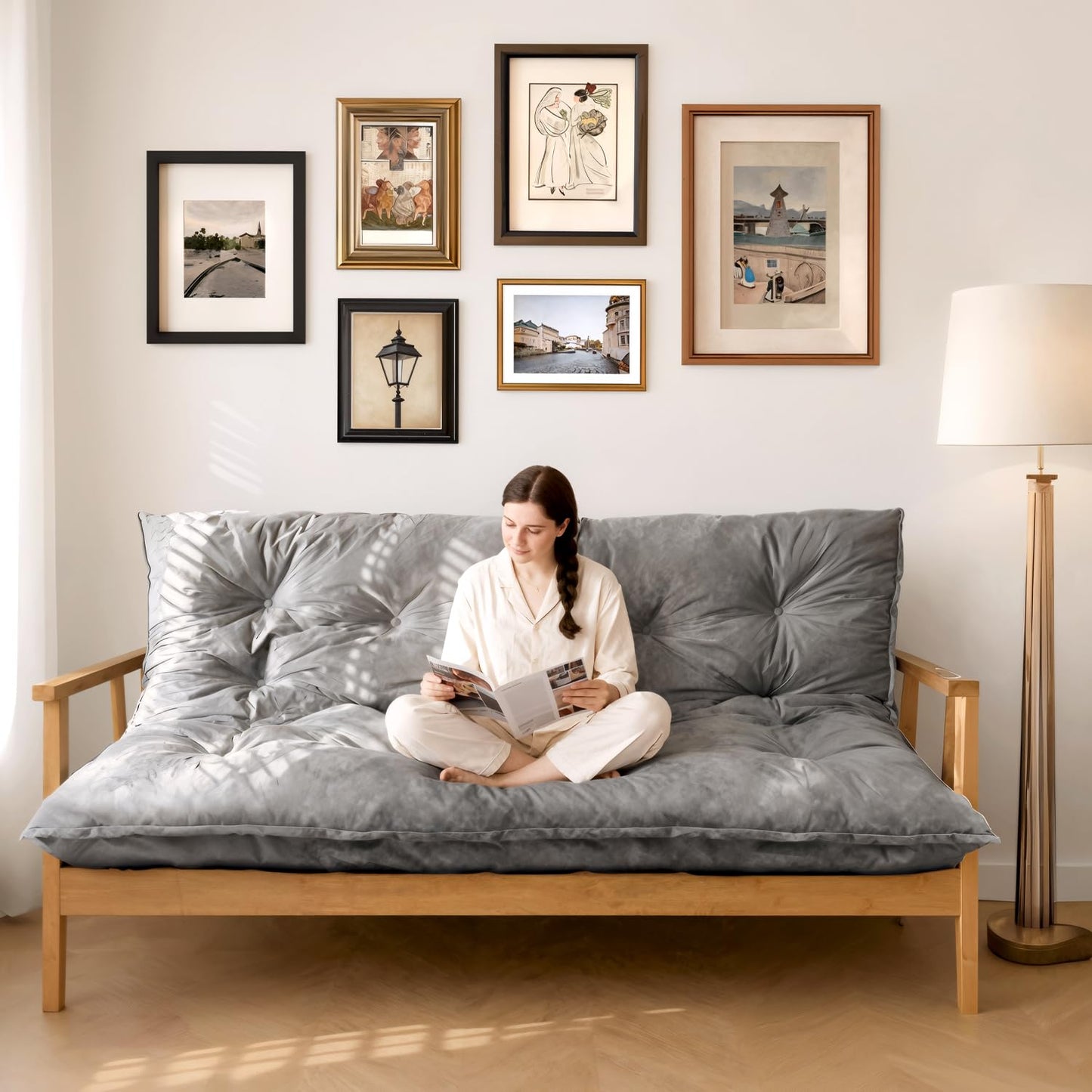 KOSRLY 6" Futon Mattress Full Size, Tufted Futons Sofa Couch Bed with Twisted Rope Design Edging,Versatile Floor Mattress for Adults，Shredded Foam Filling (Frame Not Included Gray, Queen)