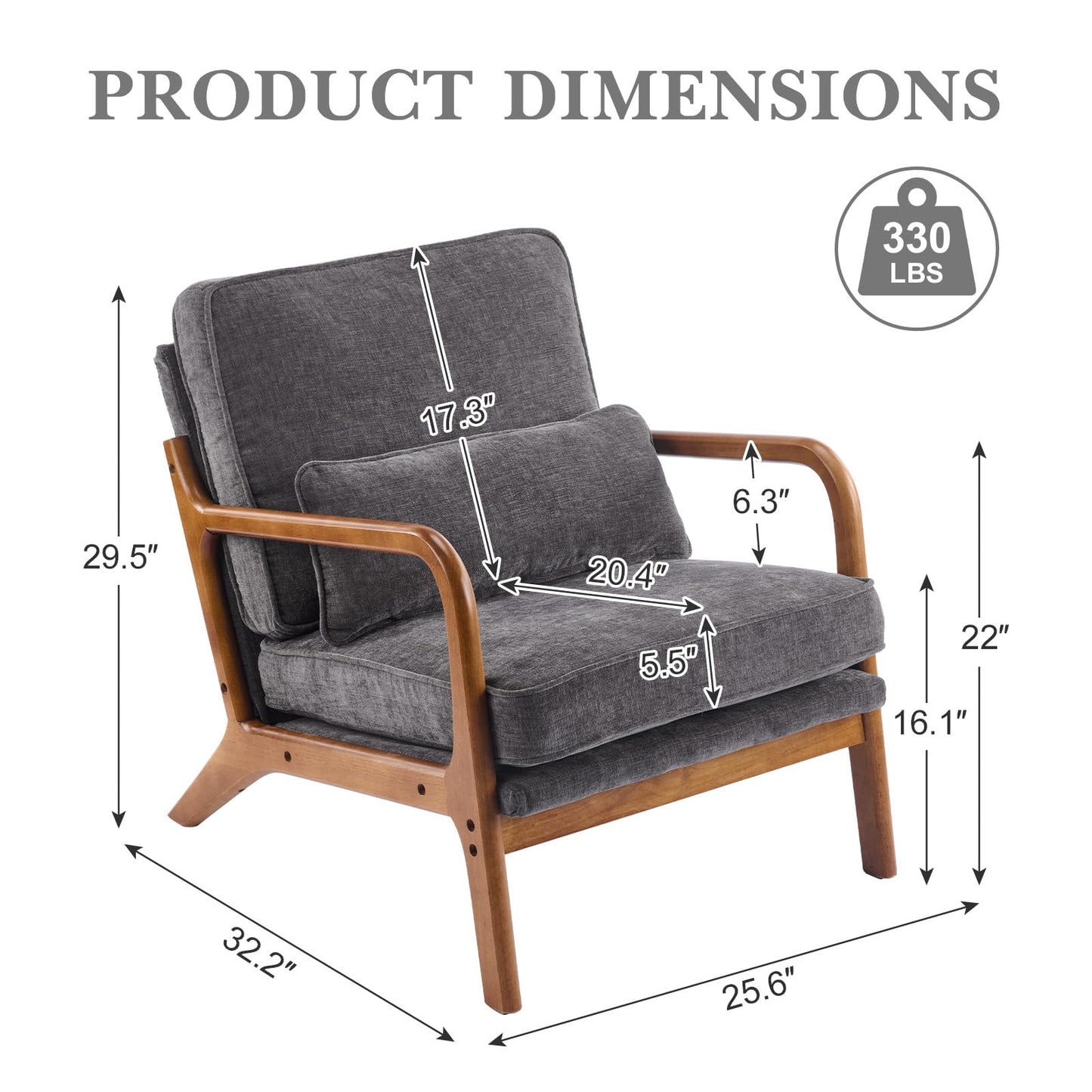 Karl home Mid Century Modern Accent Chair with Lumbar Pillow & Oak Arms – Plush Chenille Living Room Chair for Bedroom, Lounge (Gray)