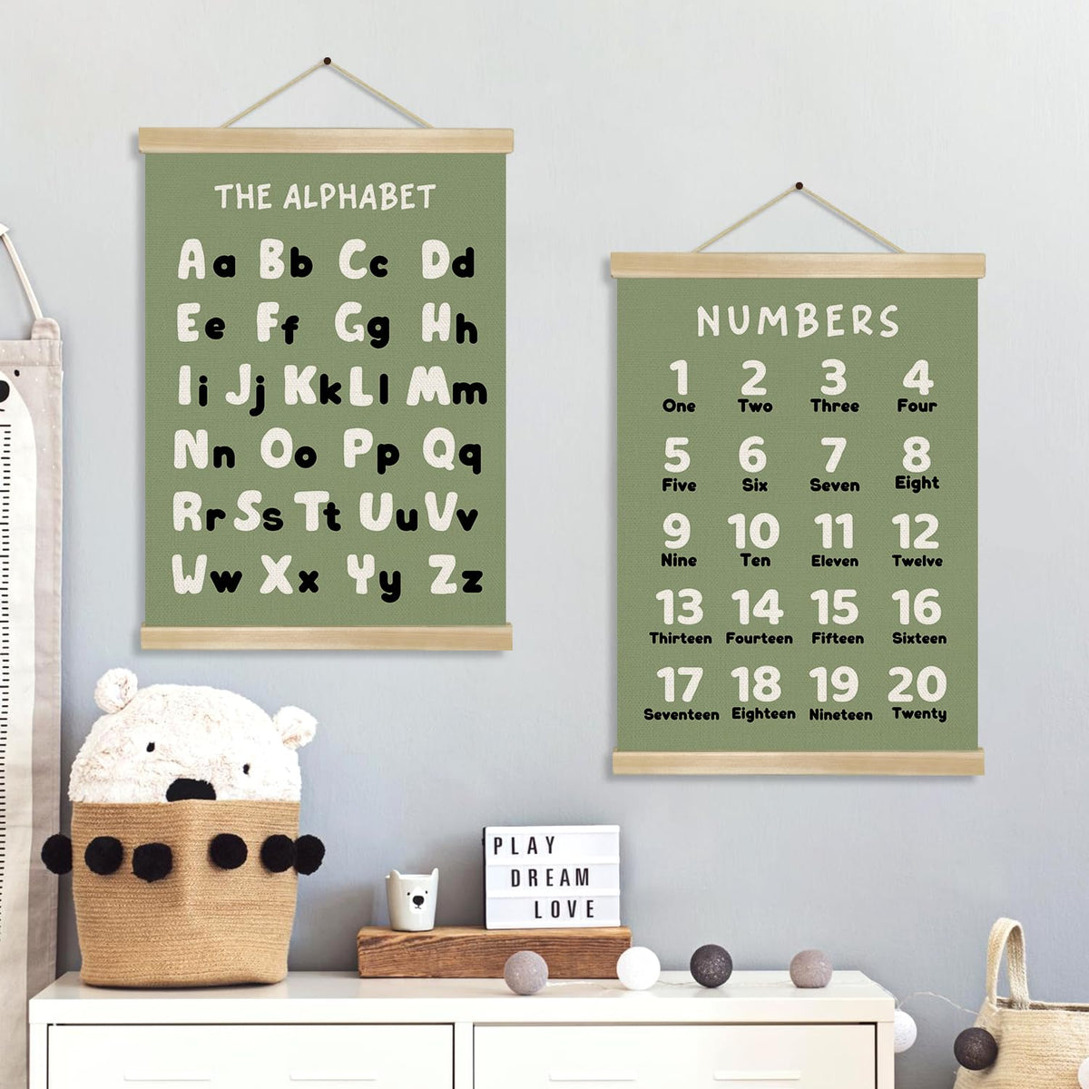 Alphabet and Numbers Chart Poster Set of 2, Alphabet Numbers Wall Art 14x18.5inch,ABC Banner Posters, Banner Wall Hanging Decor for Toddler Room Playroom Nursery Wall Classroom Decor (Olive Green ABC&123)