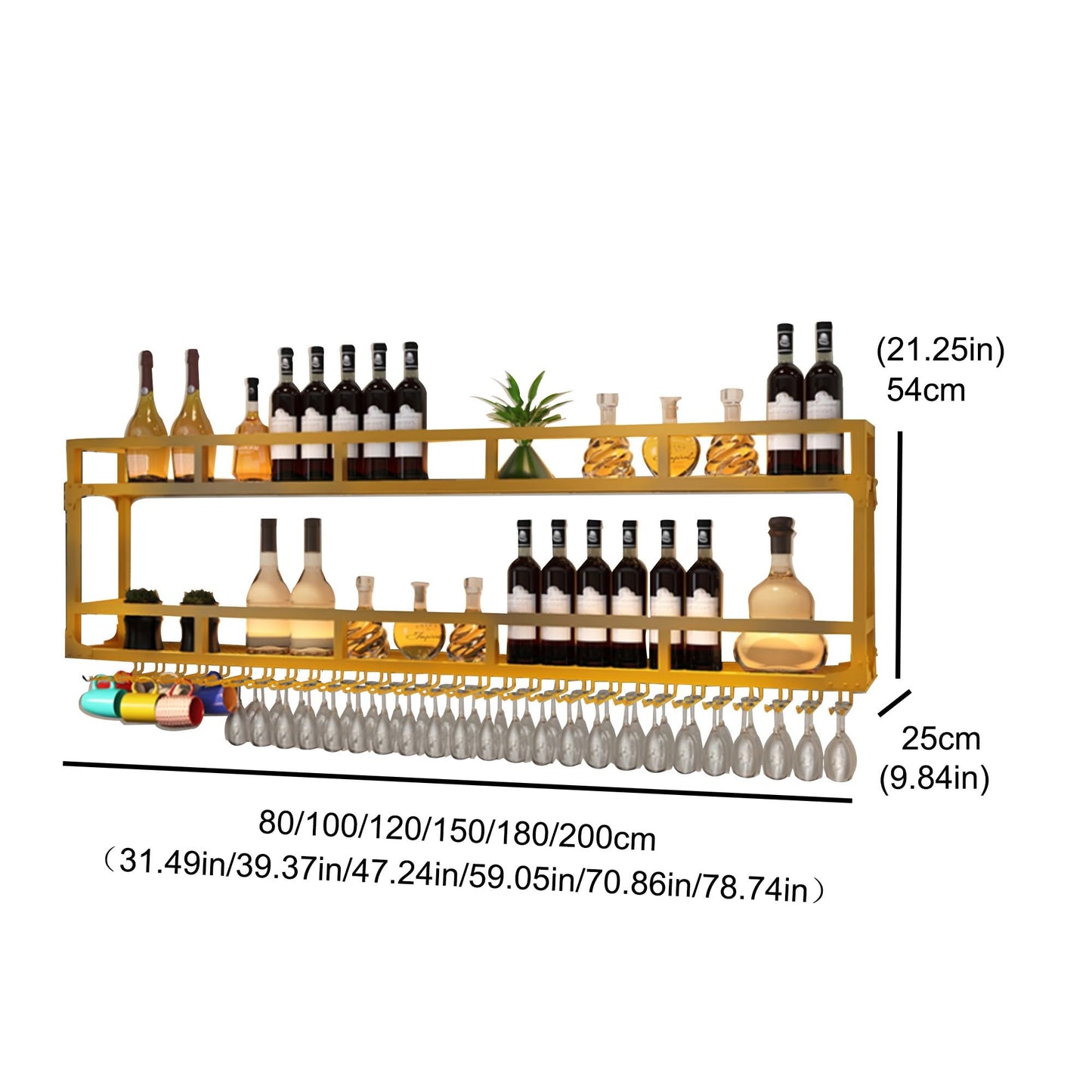 GYRHNNP Gold Wall Wine Rack with LED Light - Floating Bar Shelf for Liquor Bottles & Hanging Wine Glasses - Wall Mounted Kitchen Storage - Perfect for Home Bar, Cafe, Restaurant