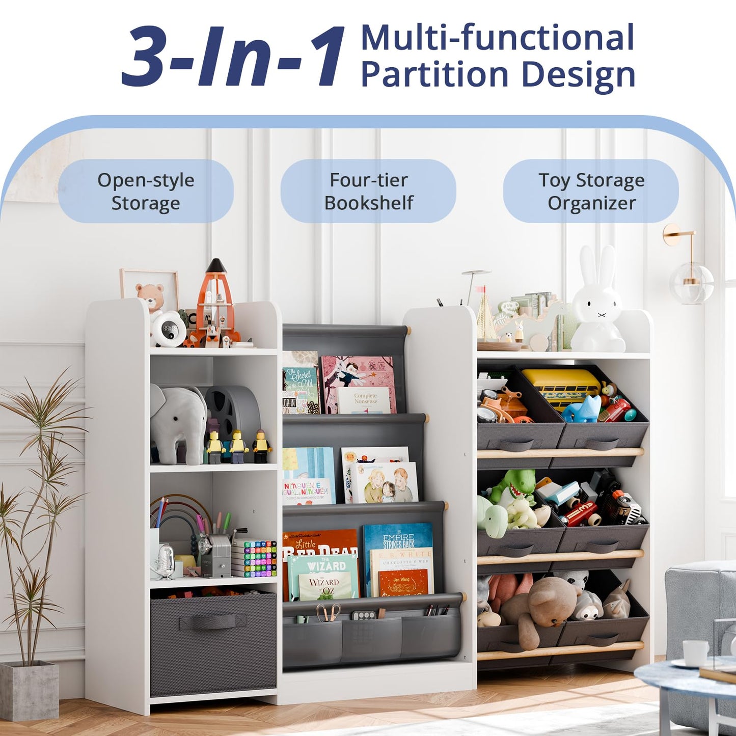 IKALIFE Kids Toy Book Storage Organizer - Large Bookshelf with 7 Removable Bins, Baby Bookshelf and Toy Storage, 4-Tier Book Shelf for Kids Room, Playroom, Classroom, 51 inch, White