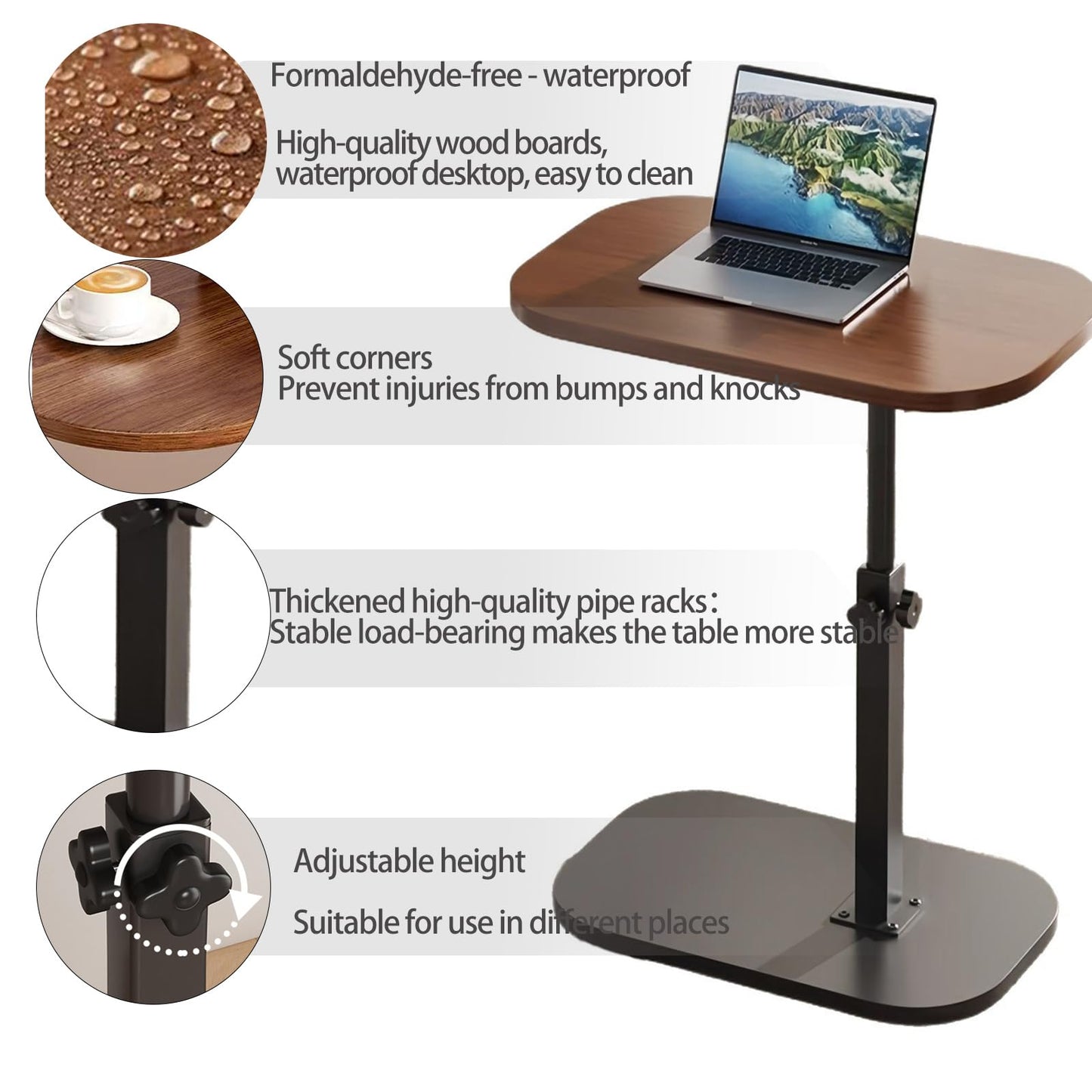 Vorriop Pedestal Adjustable c Table for Small Spaces，C Shaped End Table Desktop can Turn 360° and the Height of the Sofa Small TV Tray Table Can be Adjusted for Couch