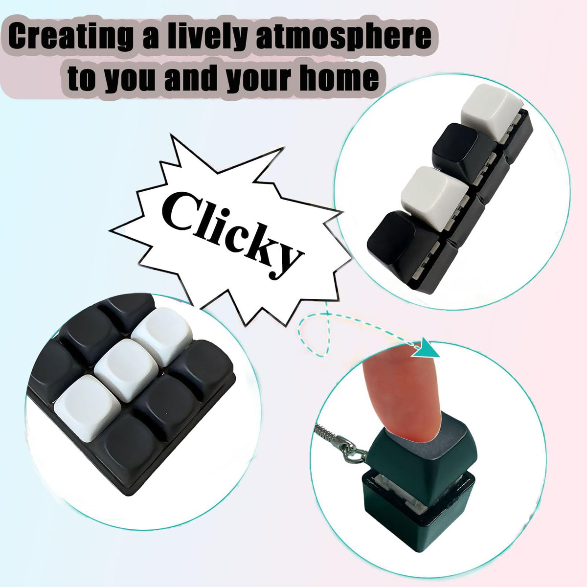 3 Pcs Keyboard Fidget Clicker Stress Relief Toys Keychain– Button Press Fidget Set for Stress Relief & Relaxation (9 Keys + 4keys + 1key Black and White Grid)