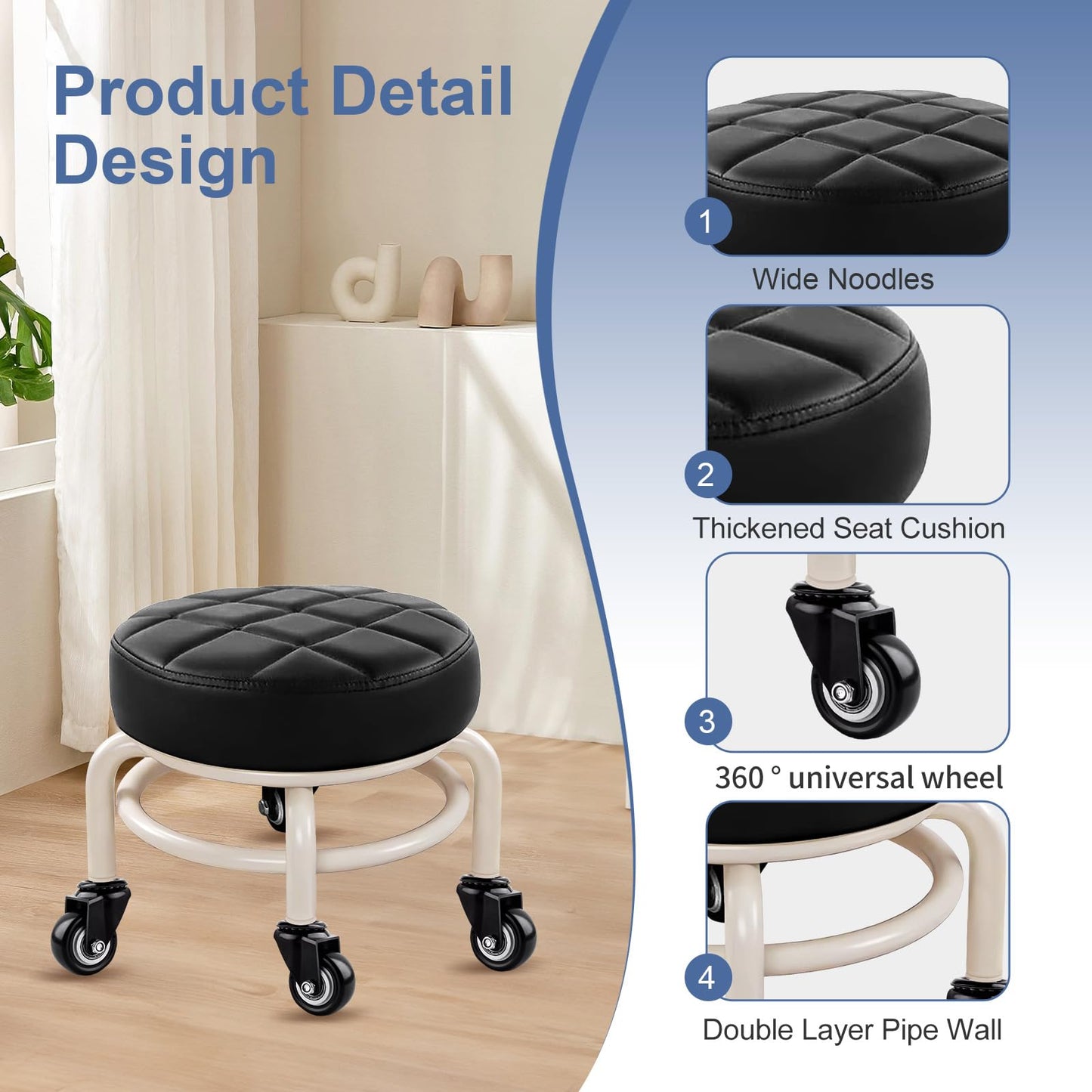 HPONQIONE Round Rolling Low Stool- PU Leather Low Stool 360° More Comfortable Swivel with Thickened Sponge Cushion for Nail Salon, Pedicure, SPA and Home (Black Upgrade Edition)