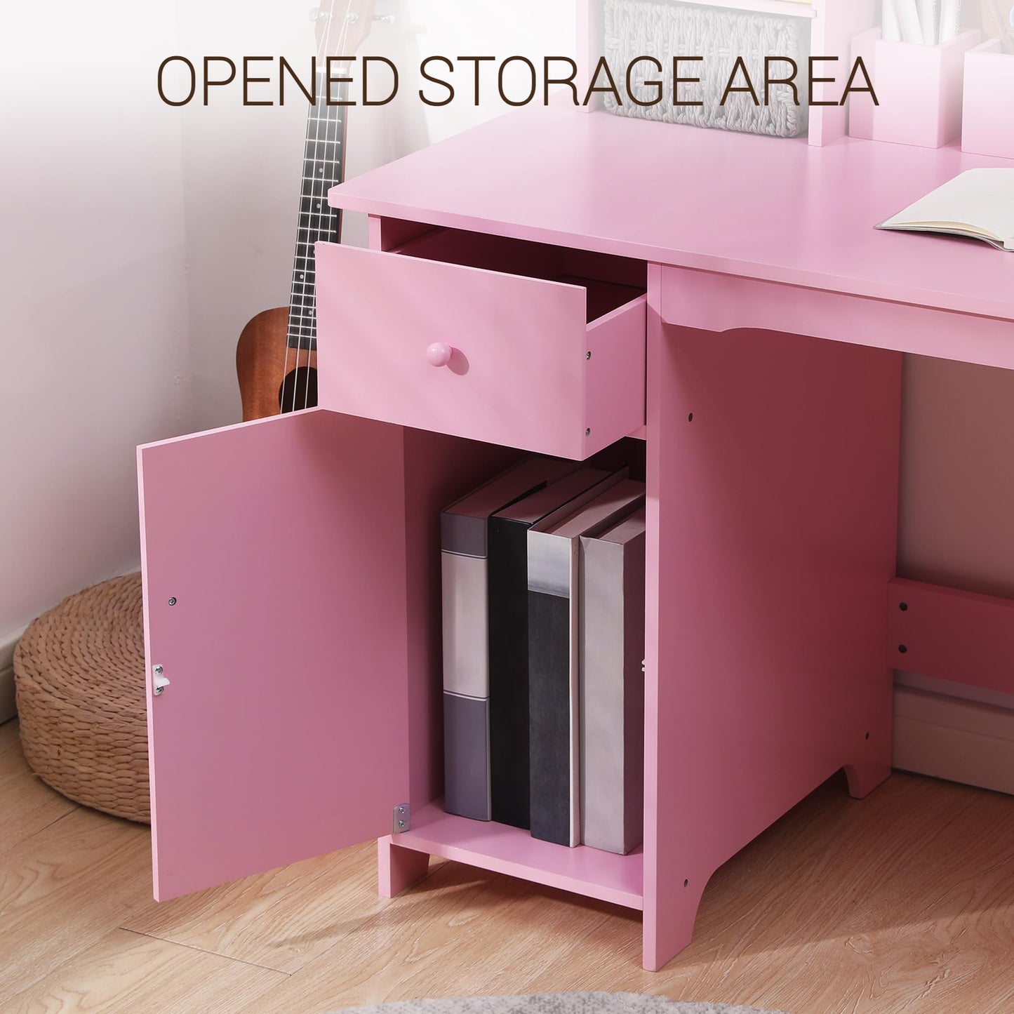 Kids Desk and Chair Set, Study Desk and Chair Set,Wooden Study Desk with Bookshelf, Bulletin Board, Cabinet & Drawer,Pink Children’s Writing Table