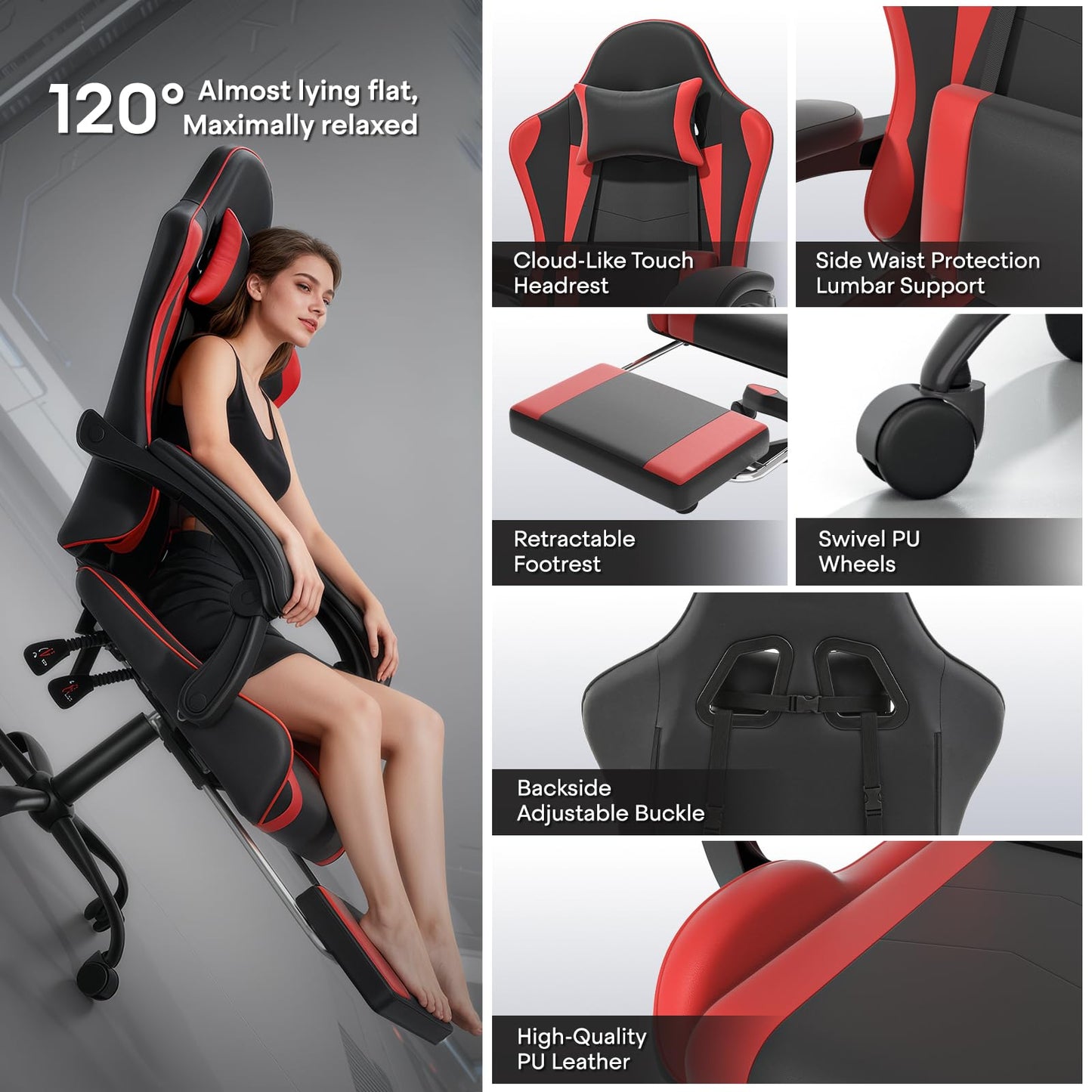 Athena Collection Ergonomic Gaming Chair with Footrest & Headrest Lumbar Support, Height Adjustable Swivel Office Chair Reclining Game Chair Leather High Back Computer Chair for Adults, Red