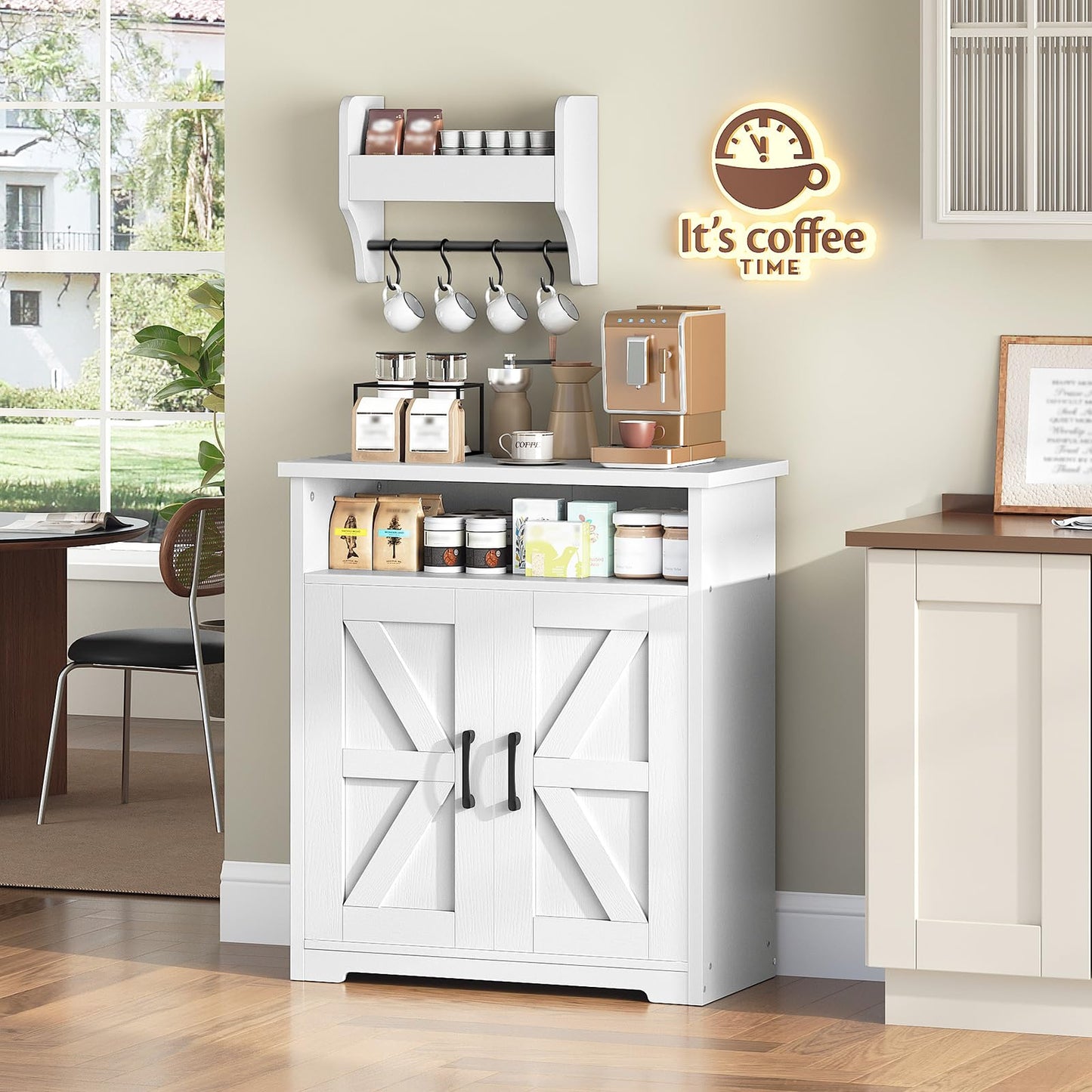 YATINEY Coffee Bar Cabinet, Kitchen Island with Storage, Farmhouse Sideboard Buffet Cabinet with Dual-Purpose Floating Shelf and Hooks, for Kitchen, Restaurant, Living Room, White KF22WT