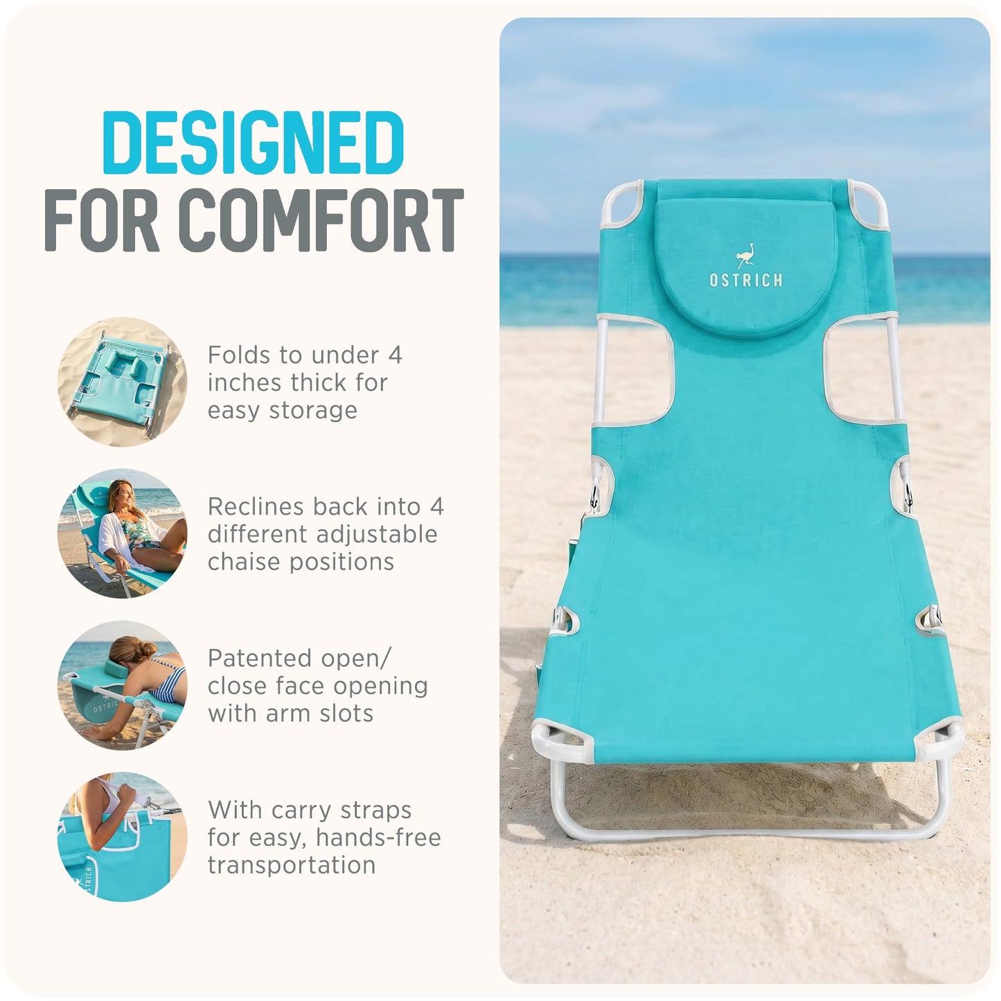 Ostrich the Original Chaise 72 x 22 Inch Lounge Portable Reclining Lounger, Outdoor Patio, Beach, Lawn, Camping, or Pool Tanning Chair, Aqua