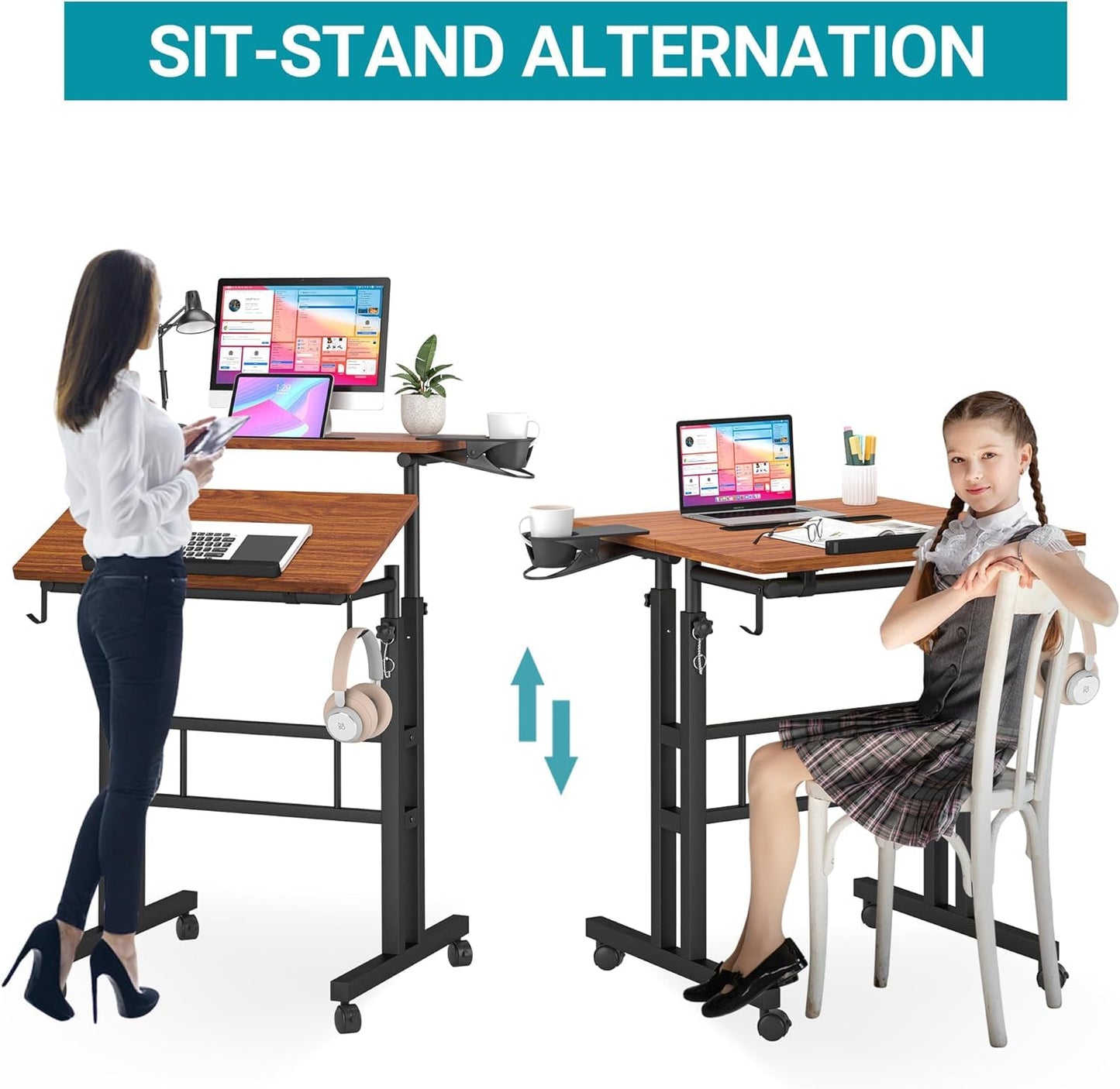 Klvied Stand Up Desk on Wheels, Portable Computer Desk for Home Office,Rolling Desk for Laptop with Removable Cup Holder, Adjustable Laptop Cart for Standing or Sitting,Walnut