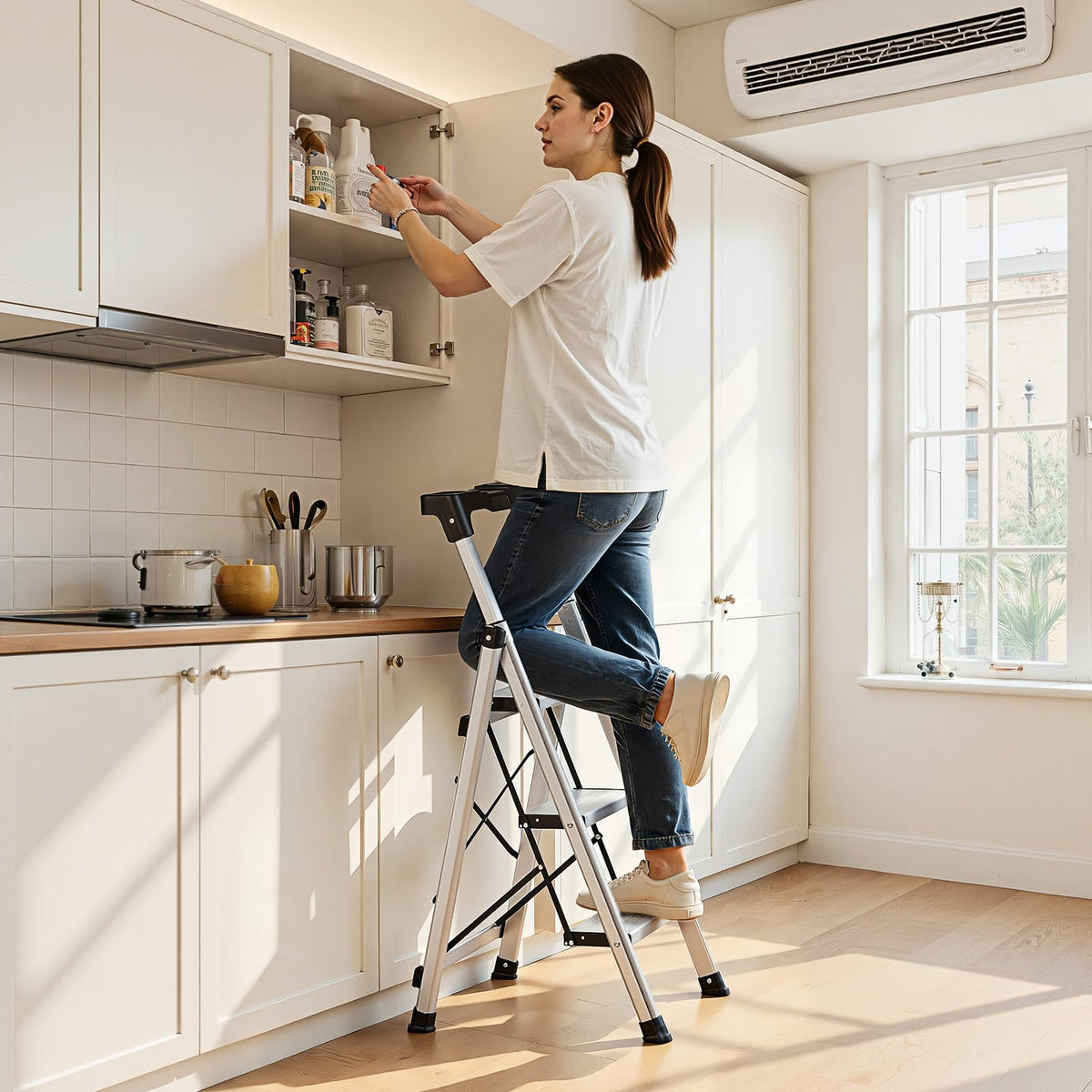 VEVOR 3 Step Ladder, Folding Step Stool with Wide Anti-Slip Pedal and Comfort Handgrip, 330 lbs Capacity Portable Aluminum Stepladder, Multi-Use for Kitchen, Warehouse, Household and Office, Silver