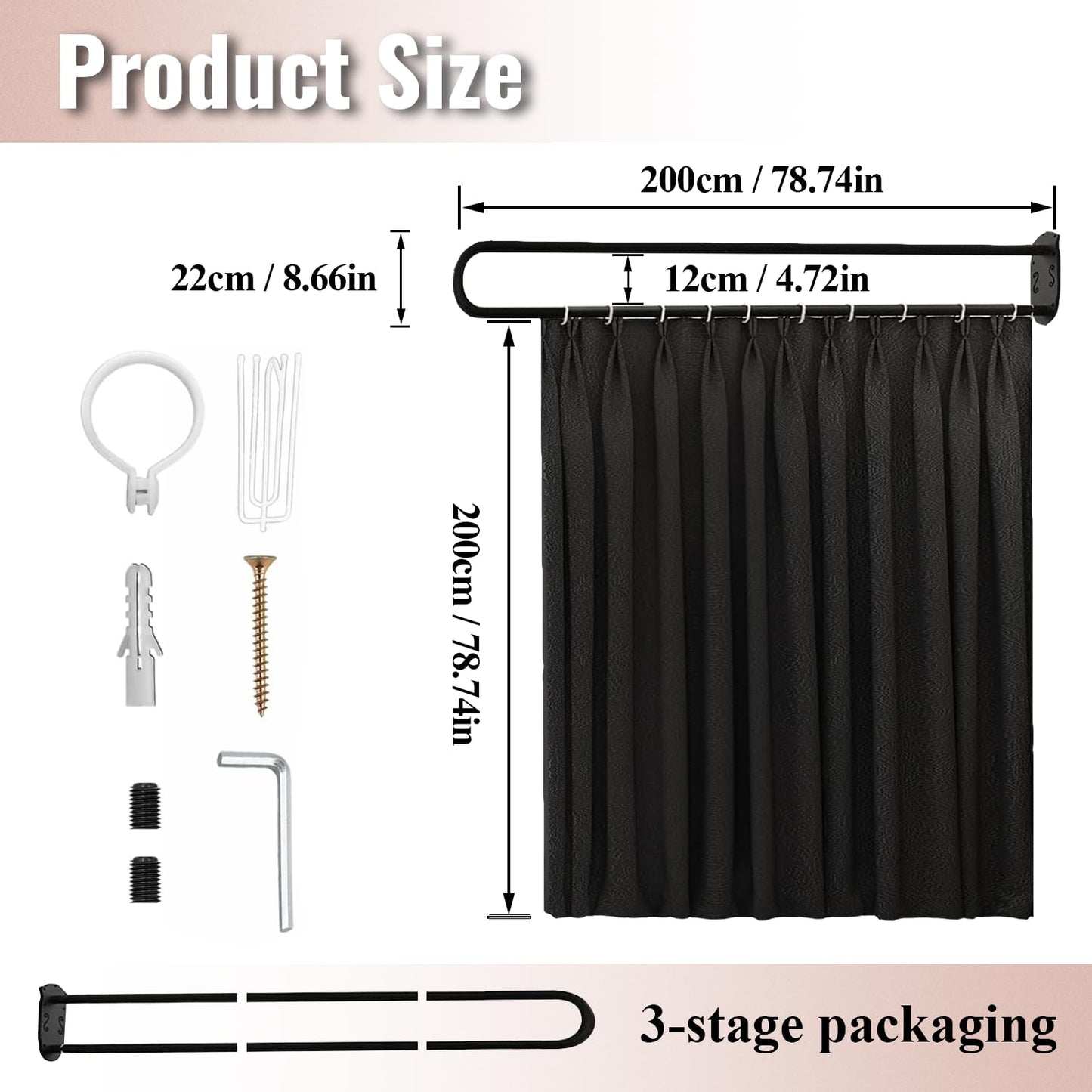 U-Shape Room Divide,Curtain for Beauty Salon,Privacy Partition Curtains with Metal Support Wall Mounted Curtains for Fitting Room, SPA, Bedroom, Room Divider,Hospital,6.56ft (Black)