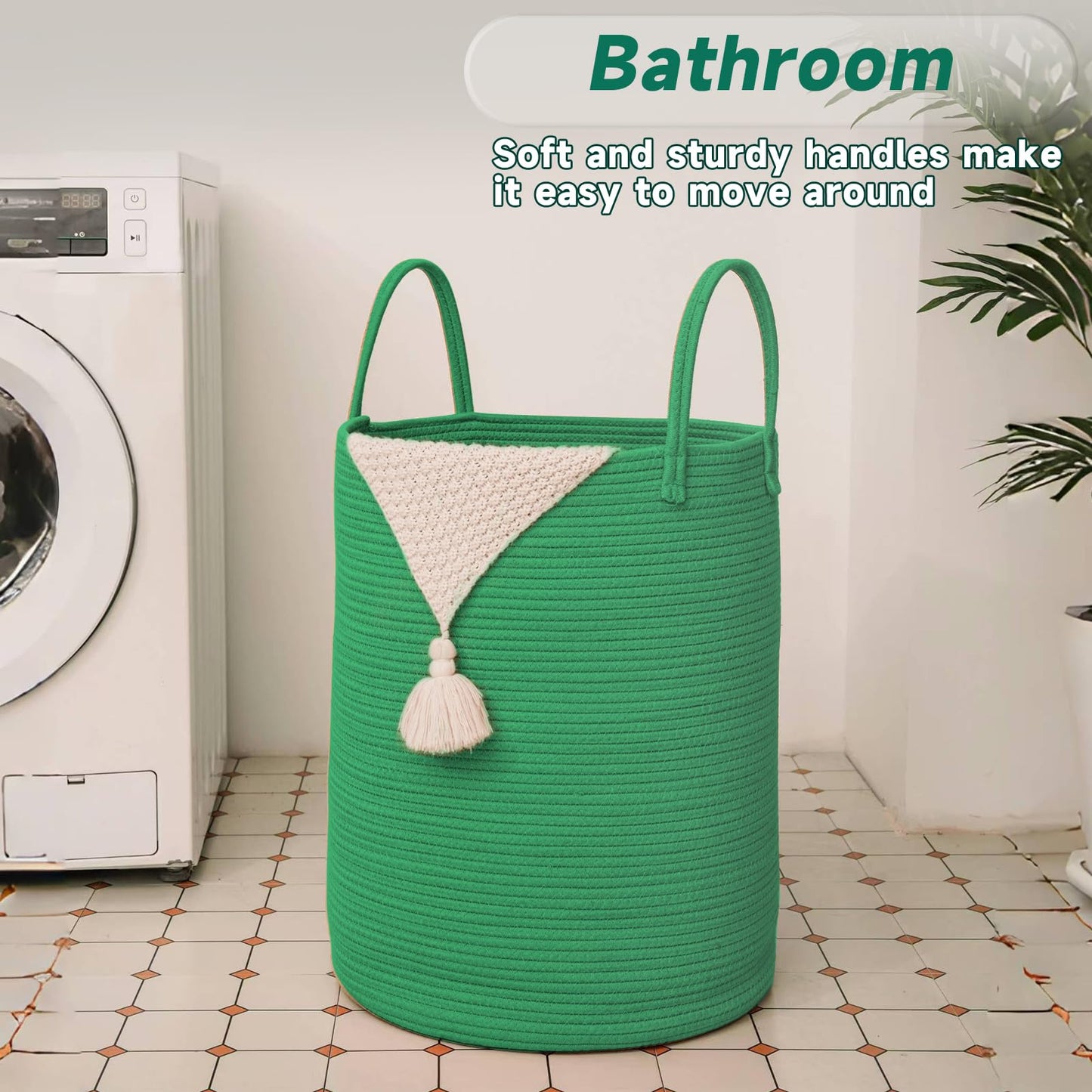 JMvicyroam Large Woven Laundry Basket Hamper,60L Cotton Rope Storage Bin for Blankets,Toys and Clothes,Decorative Tall Nursery Hamper for Living Room,Baby Nursery,Bathroom and Bedroom,Dark Green