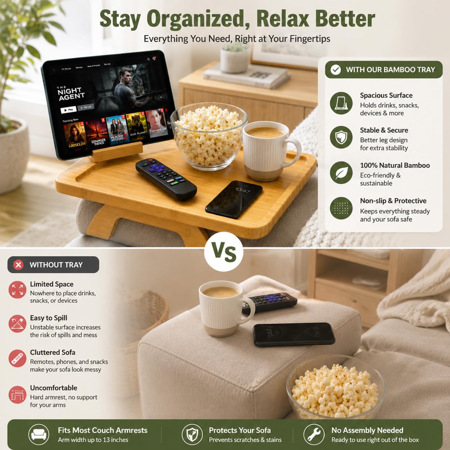 WOODSPROUT Bamboo Couch Cup Holder Tray, 4 in 1 Foldable Couch Arm Tray Table with 360° Rotating Phone Holder, Non-Slip Sofa Armrest Tray for Drinks, Snacks, Remote, Fits 3-13 Inch Flat Arms