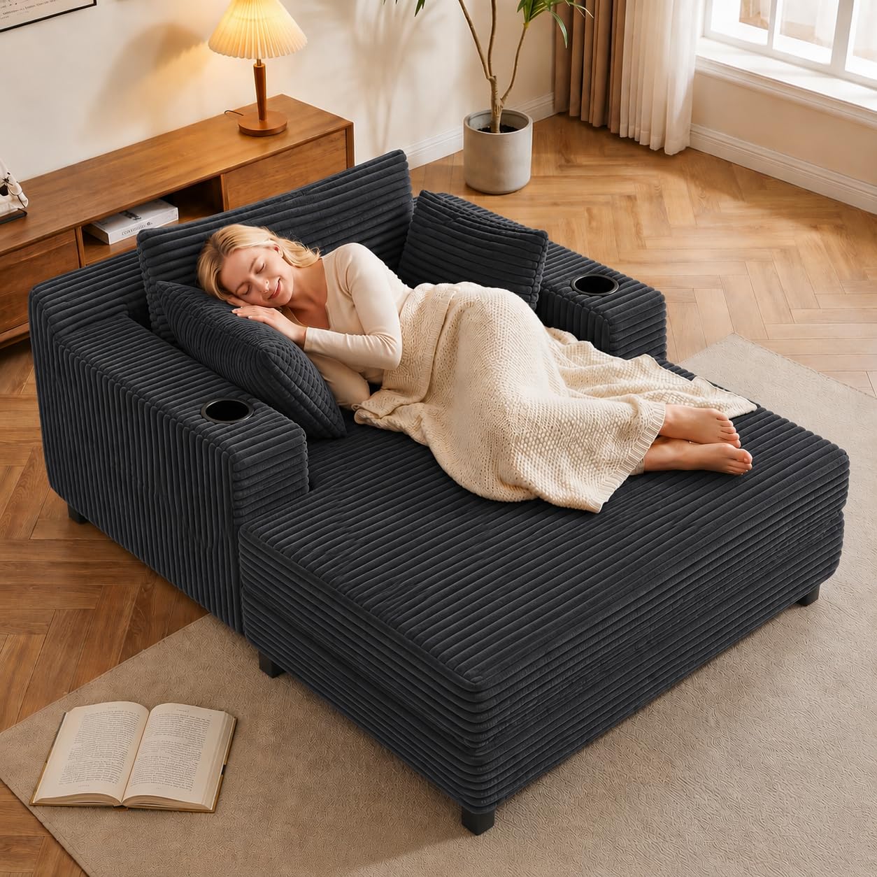 GRUSIGN 64" Chaise Lounge Chair Indoor, Oversized Sleeper Chair with Wood Frame, Corduroy Bedroom Couch, Reading Chair for Living Room, Deep Seat Sofa Bed with 2 Cup Holders