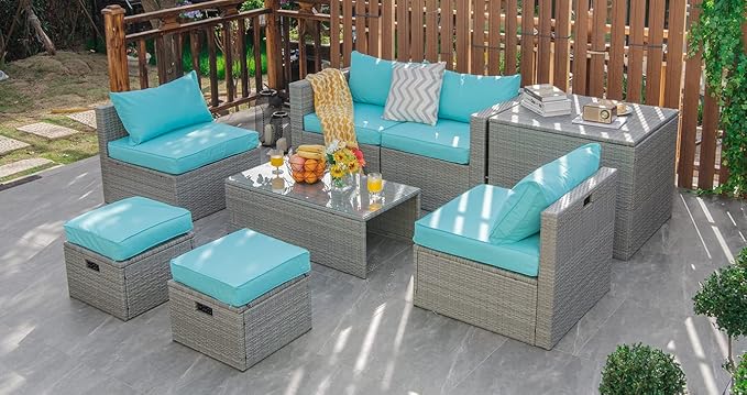 Tangkula 8 Piece Patio Wicker Furniture Set, Patiojoy Space Saving Outdoor PE