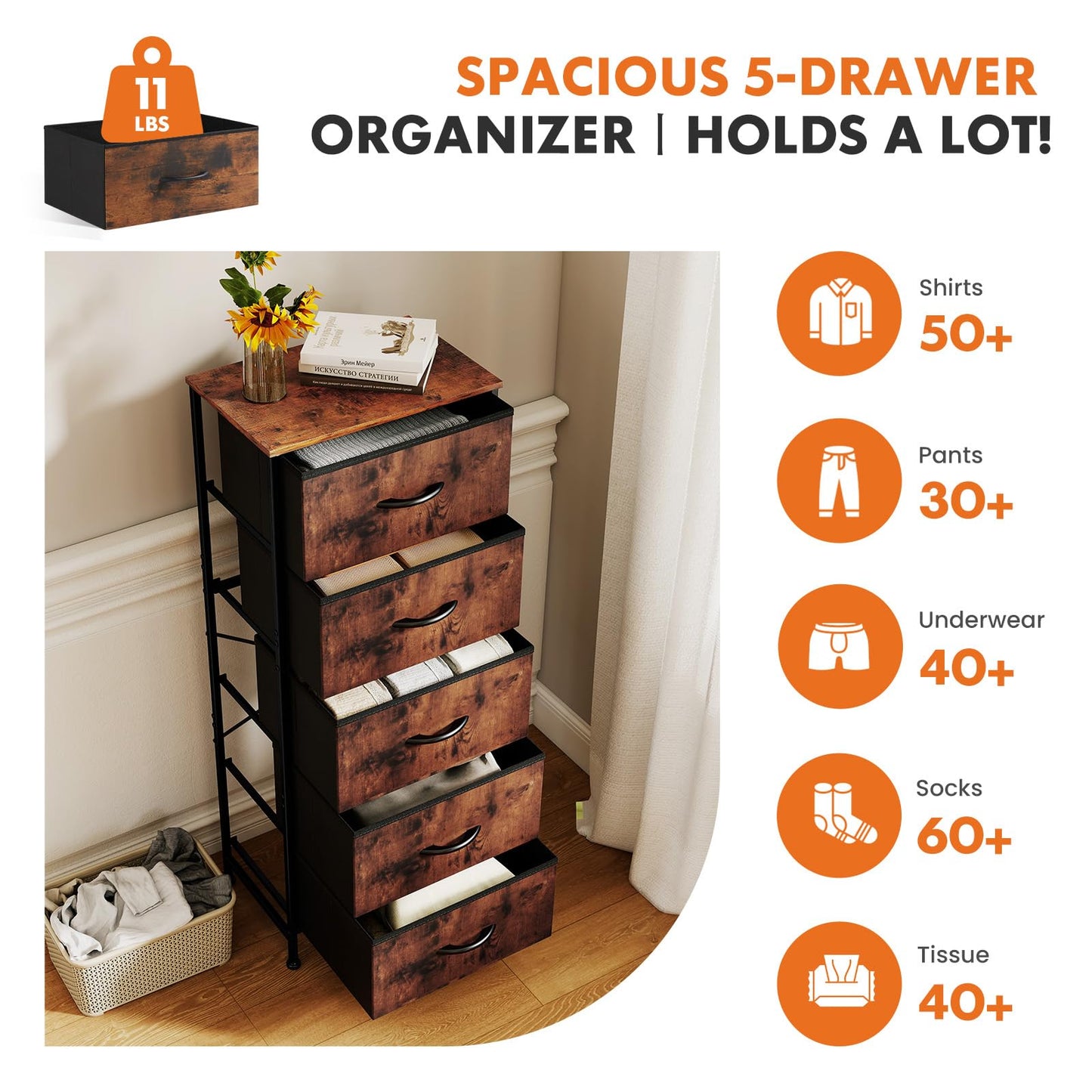 Sweetcrispy 5 Drawer Dresser with Fabric Bins Steel Frame Wood top Storage Chest for Bedroom Closet Hallway Brown Compact Organizer Durable Home Storage Solution