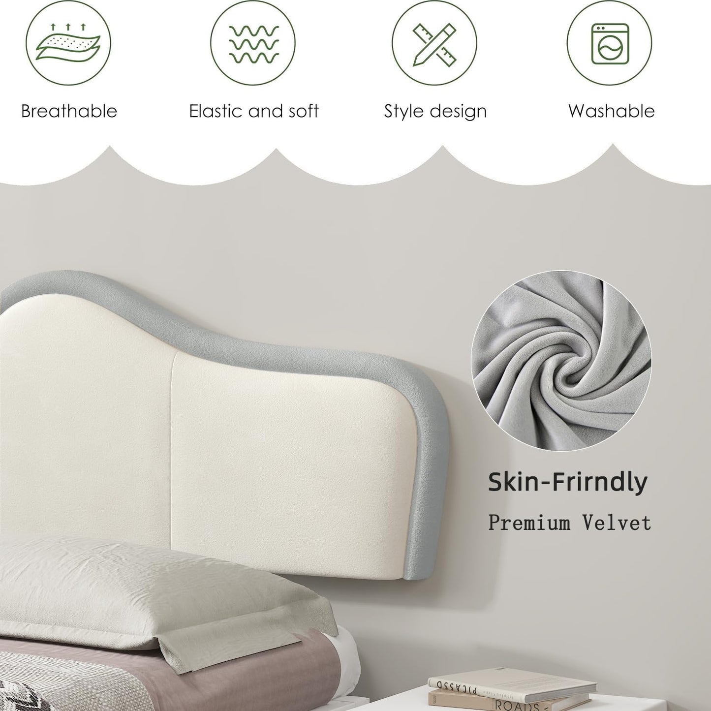 HouseMila King Headboard,Upholstered Headboards Bed Head Board Modern Wave Shaped Velvet Wall Mount Bed Headboard for Stylish Bedroom Decor(King,Beige+Light Blue)