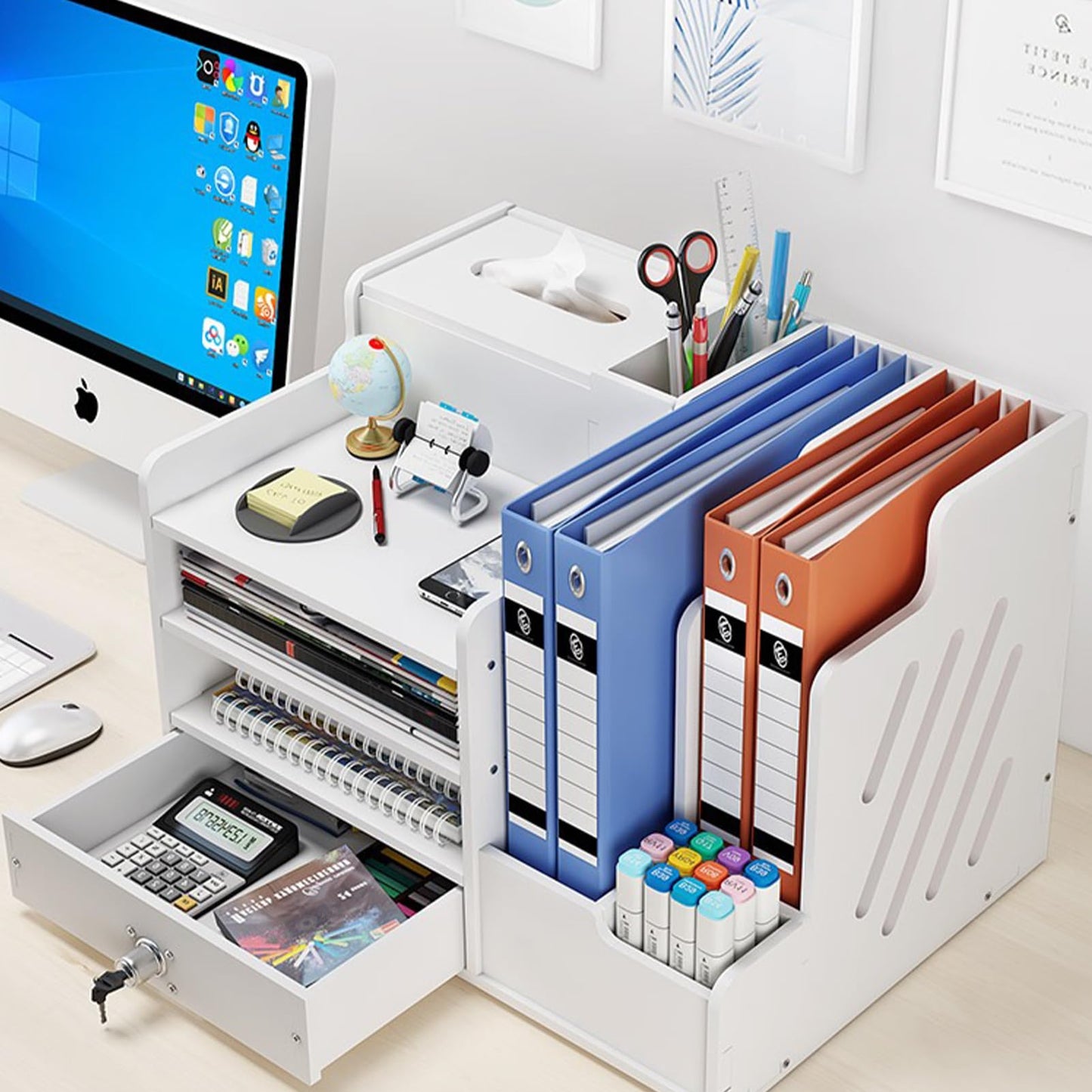 Zyners Bamboo Desk Organizer, Desktop Wood Bookshelf File Organizer, Pen Holder and Tissue Holder, 1 Drawer with lock for Office, Home, Need to Install (White)
