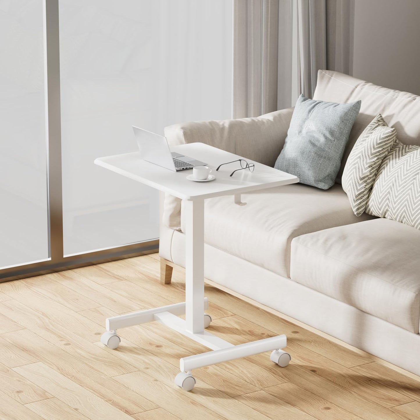 JUNHEDAMAI Mobile Standing Desk Adjustable Height, Portable Rolling Laptop Desk with Lockable Wheels and Hook, Sit Stand Up Desk, Standing Rolling Cart Desk with Gas Spring for Home, Office, Hospital