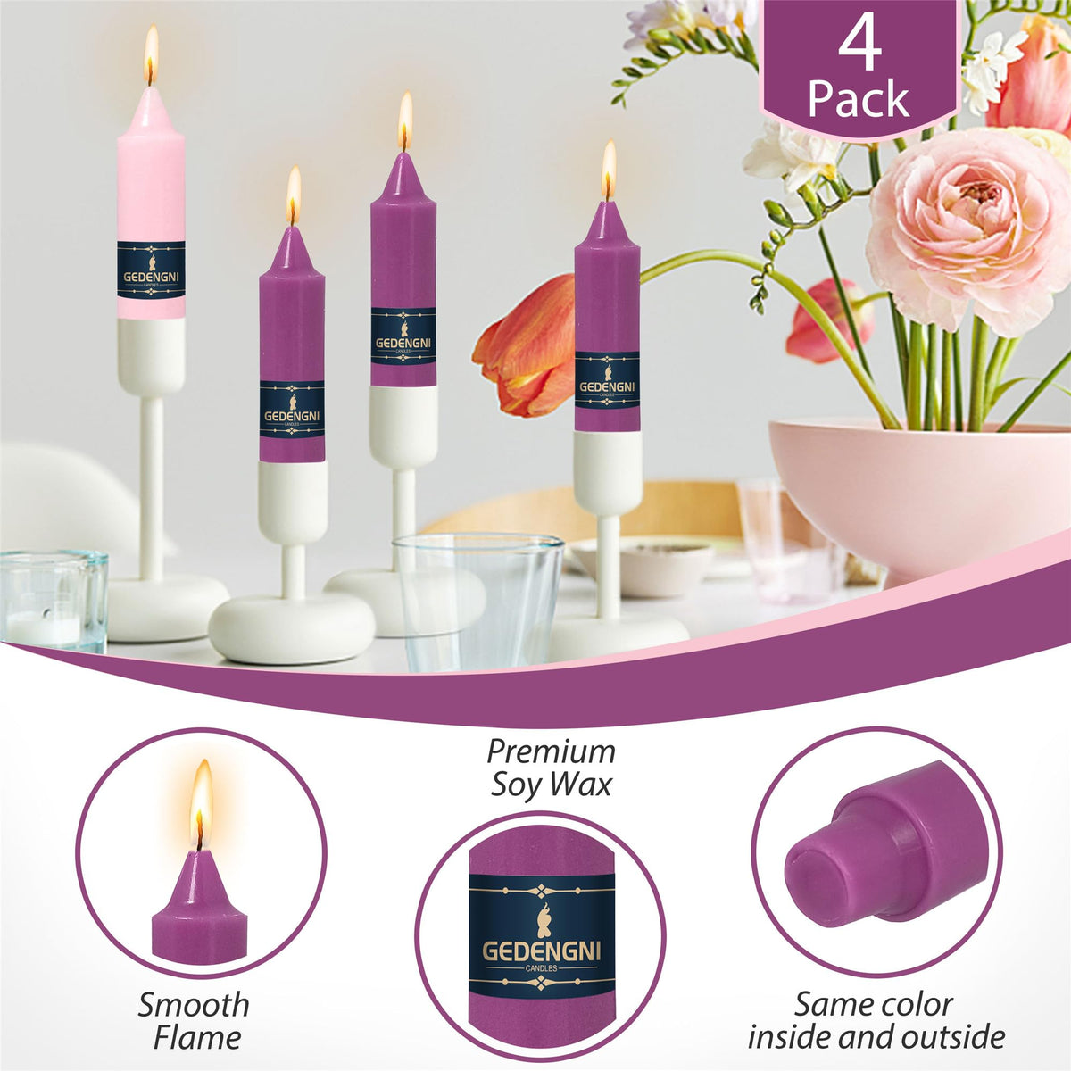 Gedengni Pink Candlesticks Short Taper Candle,5inches Purple Candle Sticks Dripless Tapered Candles for Home Decor Weddings Festive Party Holiday,7D-3PUR1PIN