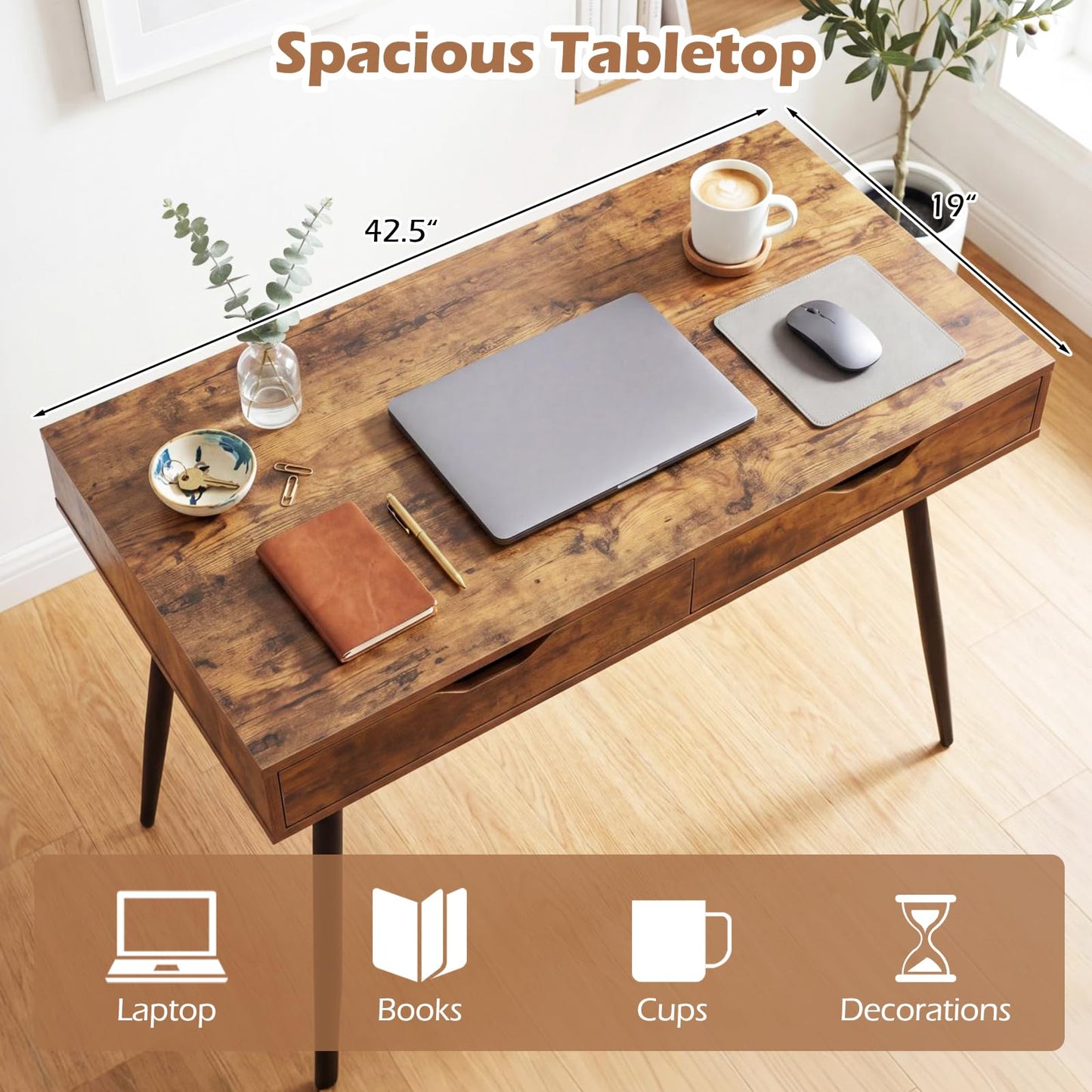 Tangkula Mid Century Desk with 2 Storage Drawers, Modern Writing Study Desk with Rubber Wood Legs, Versatile Home Office Study Desk for Small Space, Vanity Table for Bedroom (Rustic Brown)