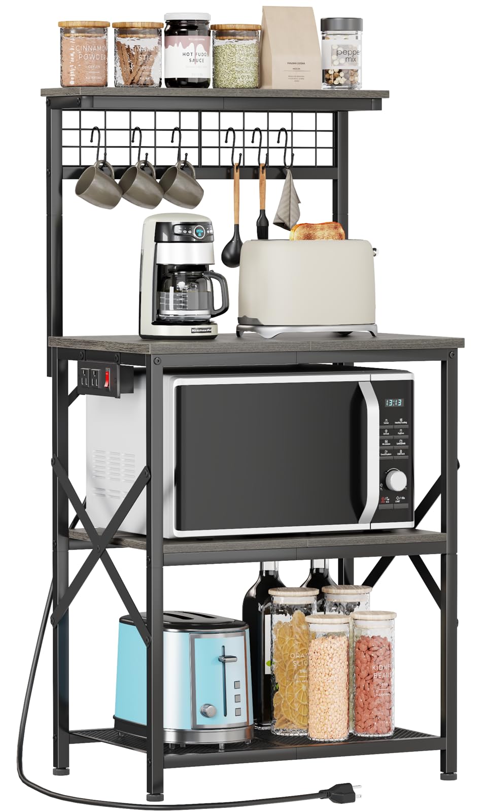 Furologee Kitchen Bakers Rack with Power Outlet, Coffee Bar Station with Storage 4 Tiers, Microwave Oven Stand with 6 S Hooks, Kitchen Storage Shelves Rack for Spices, Pots, Black Oak