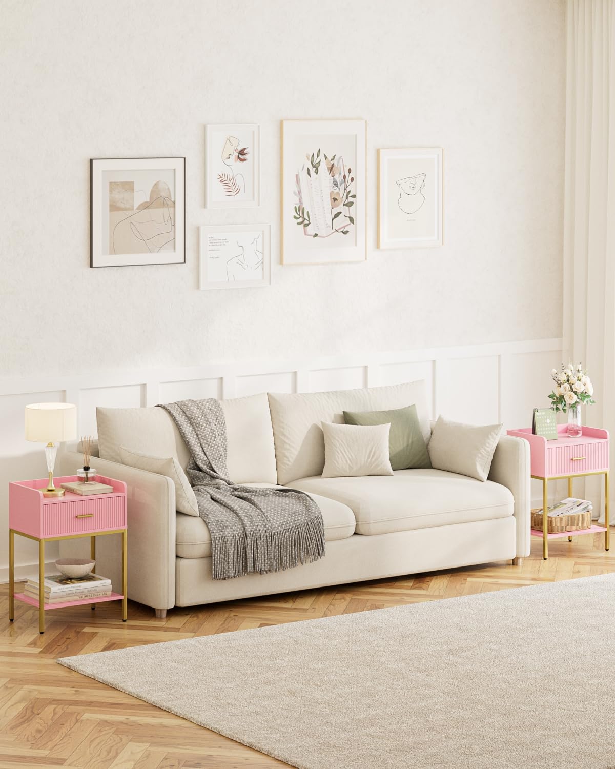 Apetaccat Nightstand, 3-Tier Bed Side Table, Small End Table, Night Stand with Open Shelf and Drawer, Bedside Table for Bedroom, Living Room, Pink