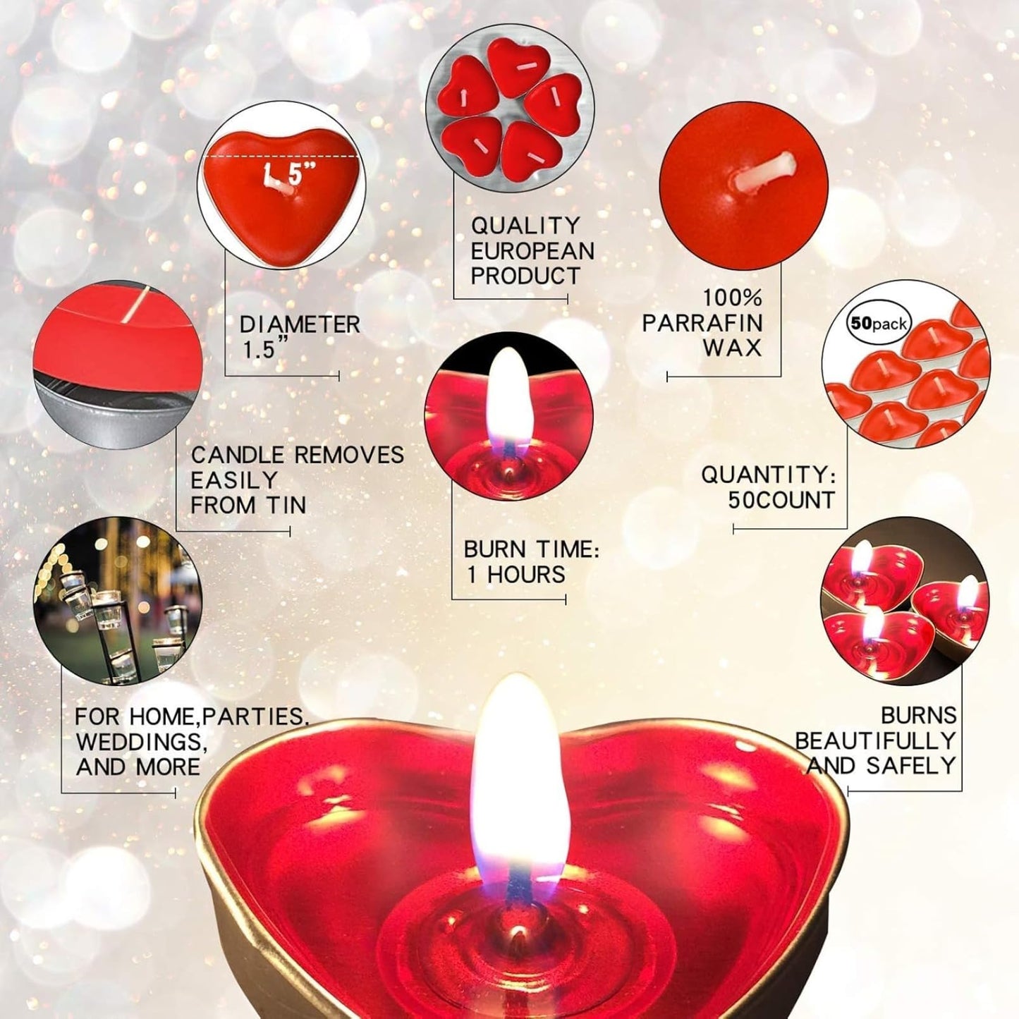 IJRPLM 50 Pack Heart Shaped Tealight Candles, Romantic Love Unscented Tea Lights Candles, Dripless & Long Lasting Smokeless, Mini Tealight Candle for Wedding Party Home Decor, White
