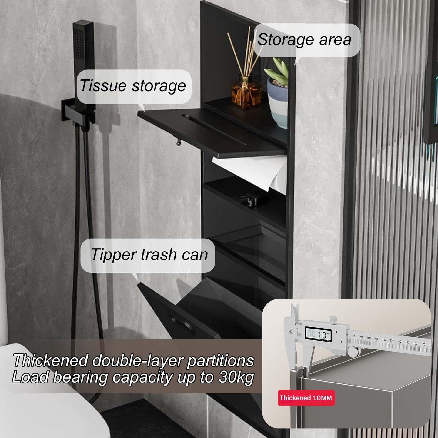 Wall Mounted Hidden Trash Can Cabinet, Stainless Steel Waterproof Tissue Box, Decorative Shelf Niche for Bathroom, Space-Saving Black Organizer, Stylish Waste Bin Solution