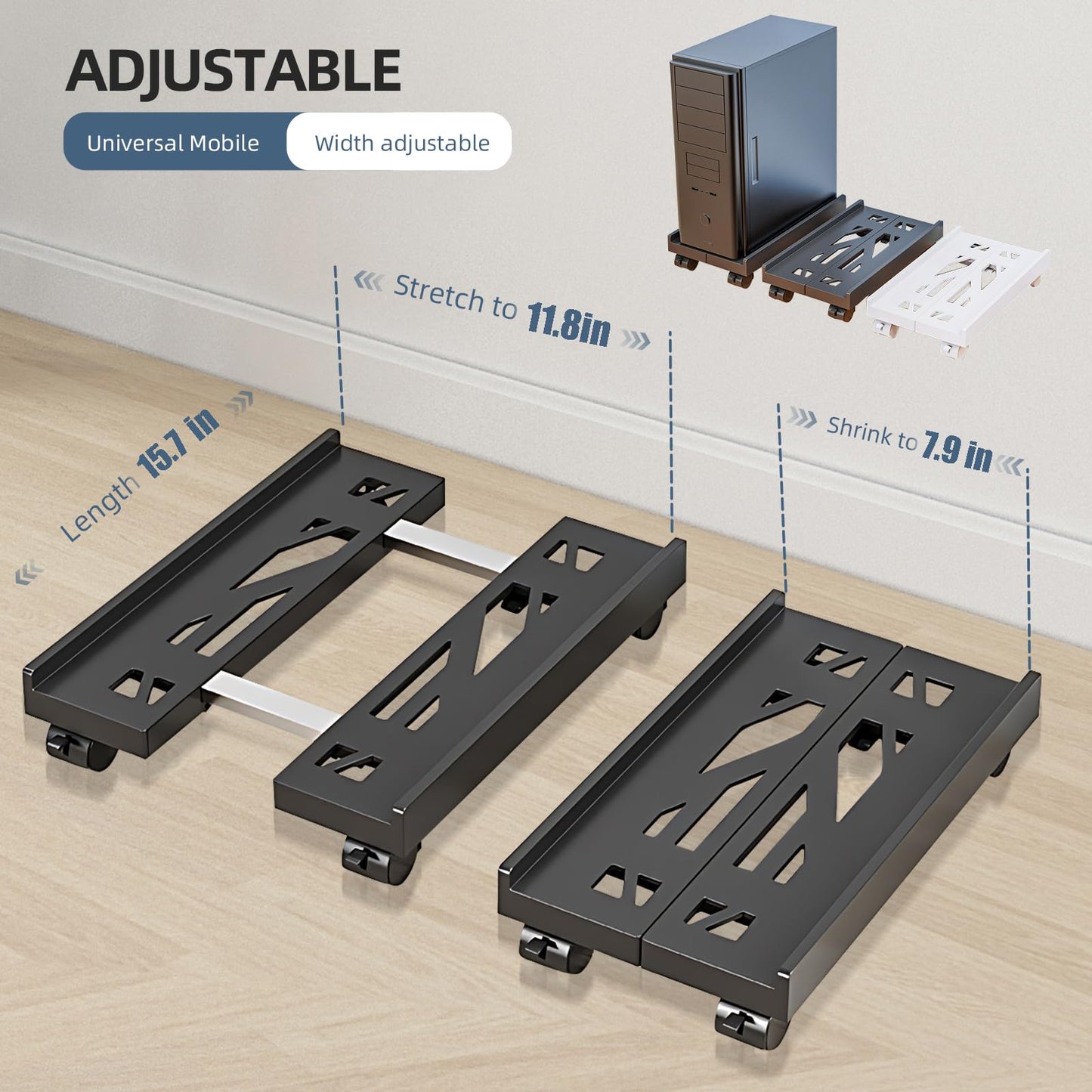 Hovadova Adjustable Mobile CPU Stand, Ventilated Computer Tower Stand with 4 Caster Wheels Fits Most PC Tower, Under Desk CPU Holder PC Floor Cart Computer Riser for Students and Gamers (Black)