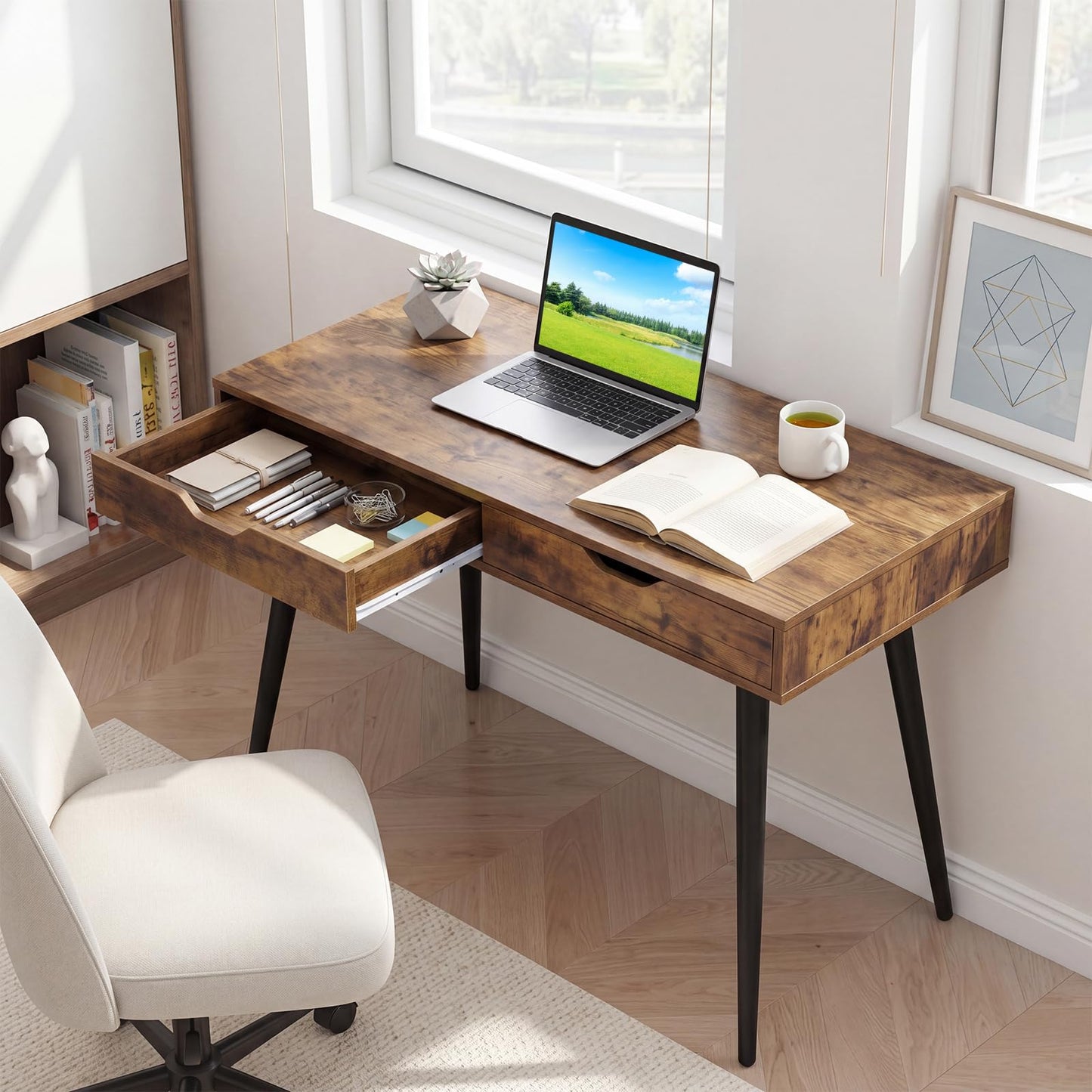 Tangkula Mid Century Desk with 2 Storage Drawers, Modern Writing Study Desk with Rubber Wood Legs, Versatile Home Office Study Desk for Small Space, Vanity Table for Bedroom (Rustic Brown)