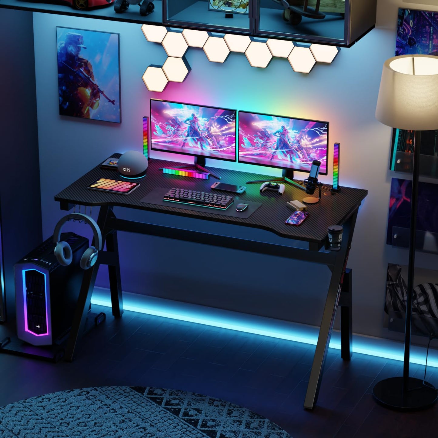 BestOffice | 47" Gaming Desk | Black & Red | Carbon Fiber Textured Computer Desk | Sturdy Steel Frame,Cup Holder, Headphone Hook, Cable Management Holes, Adjustable Leg Pads | for Gamers,Home,Office