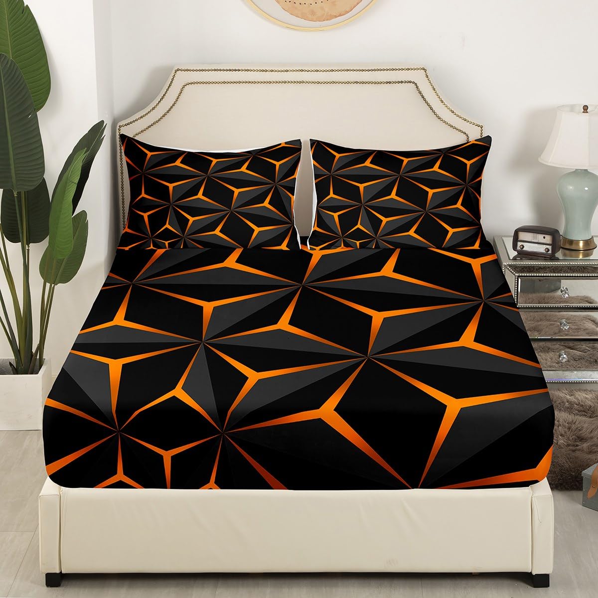 Feelyou Neon Honeycomb Sheet Set Twin Size,Geometric Stereoscopic Theme Teens Boys Bedding Set,Adults Bedroom Decoration 3D Orange Print Fitted Sheet All Season
