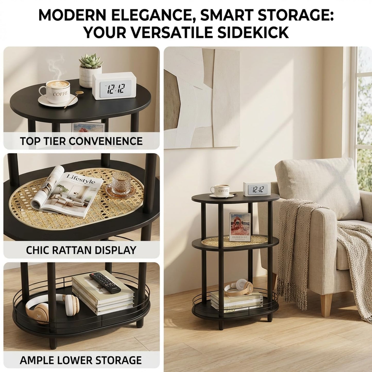 Small Rattan Side/Accent Table with Storage, 3 Tier Round/Oval End Table with Rattan Shelf & Metal Basket, Boho Nightstand, Tool Free Assembly/Screw-Hole Free Tabletop-Living Room Bedroom-Black