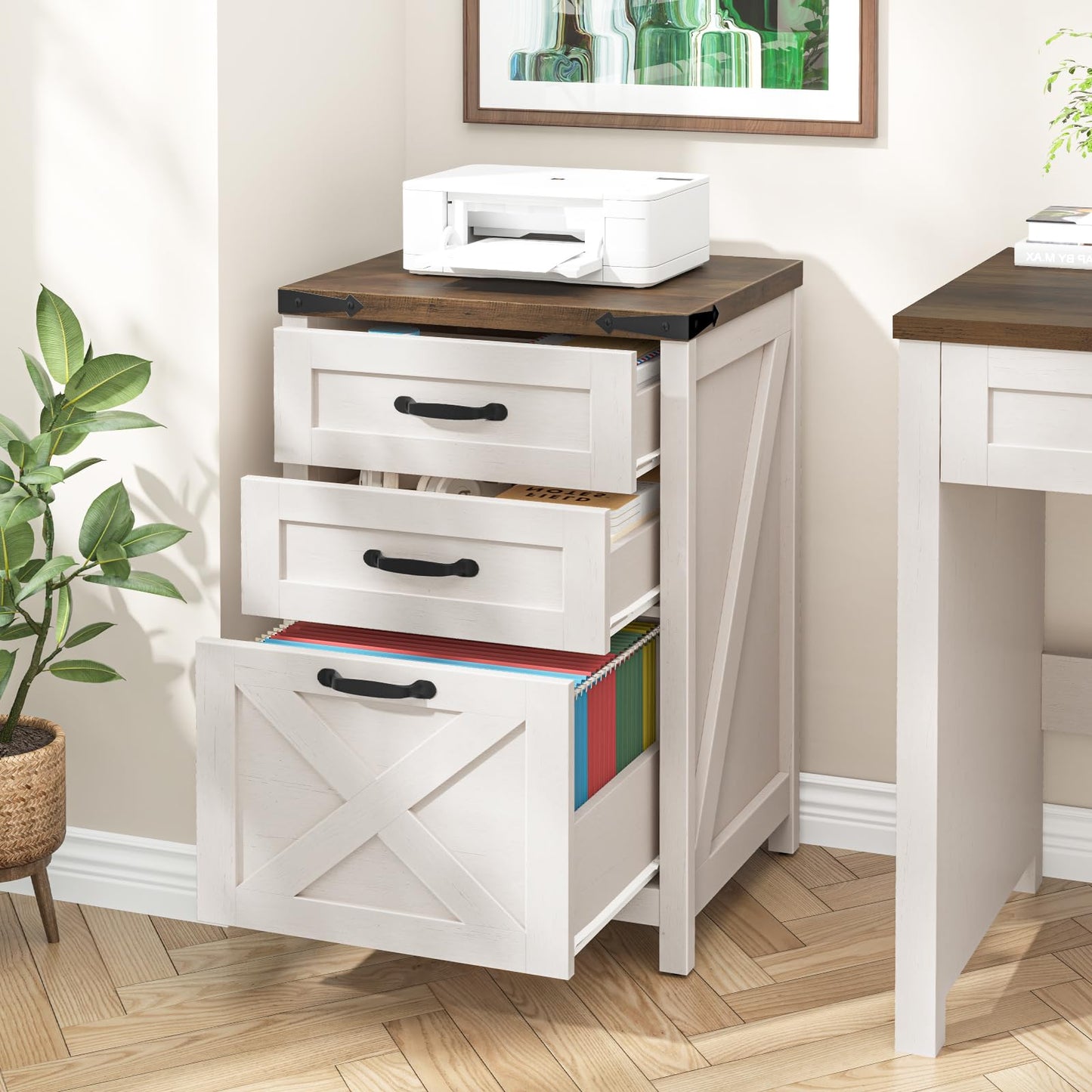 Halitaa 3 Drawer Small File Cabinet, Farmhouse Vertical Filing Cabinet Fits Letter and A4 Size, Under Desk Wooden File Cabinets for Home Office, Printer Stand, Rustic White