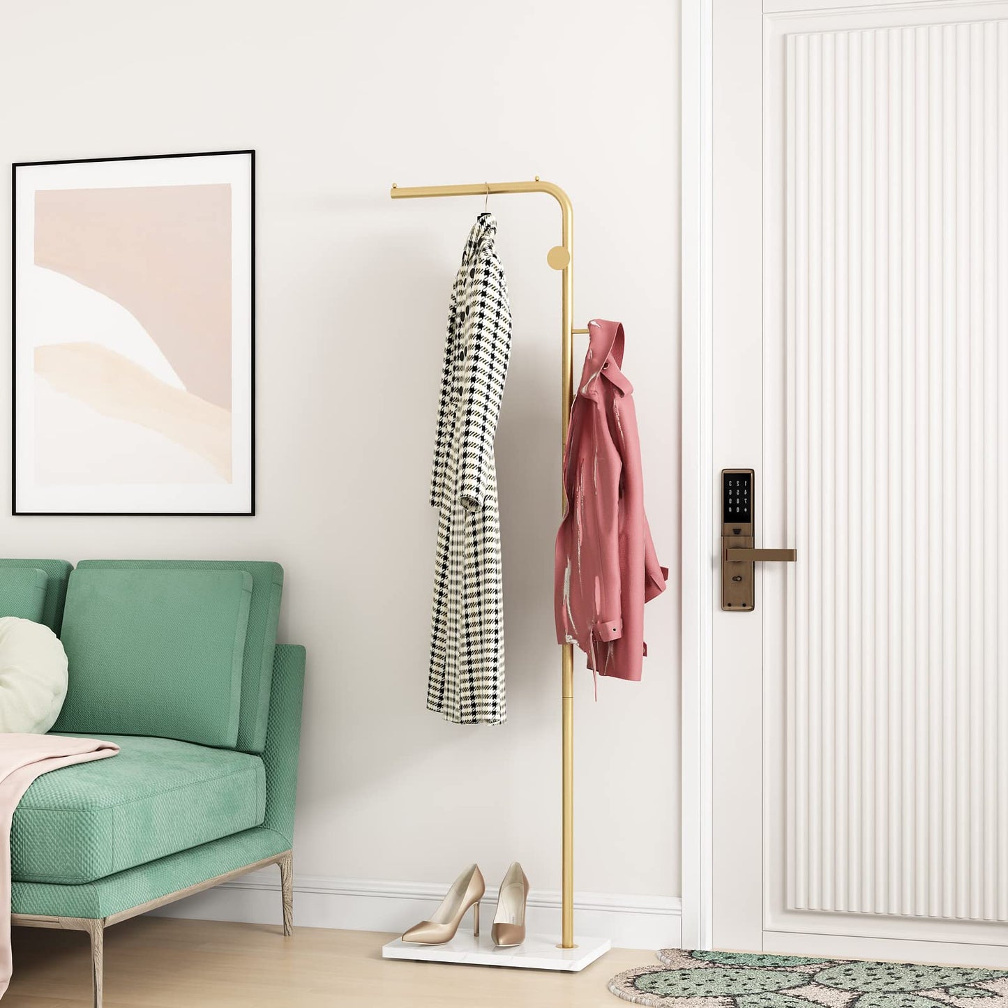 DOORXIFO Gold Coat Rack with White Base, Freestanding Entryway Rack with 3 Hooks, L Shape Home Coat Hanger for Jackets, Hats, Clothes