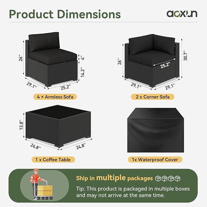 Aoxun 7 Piece Patio Furniture Set, Wicker Rattan Patio Sectional Sofa, Outdoor