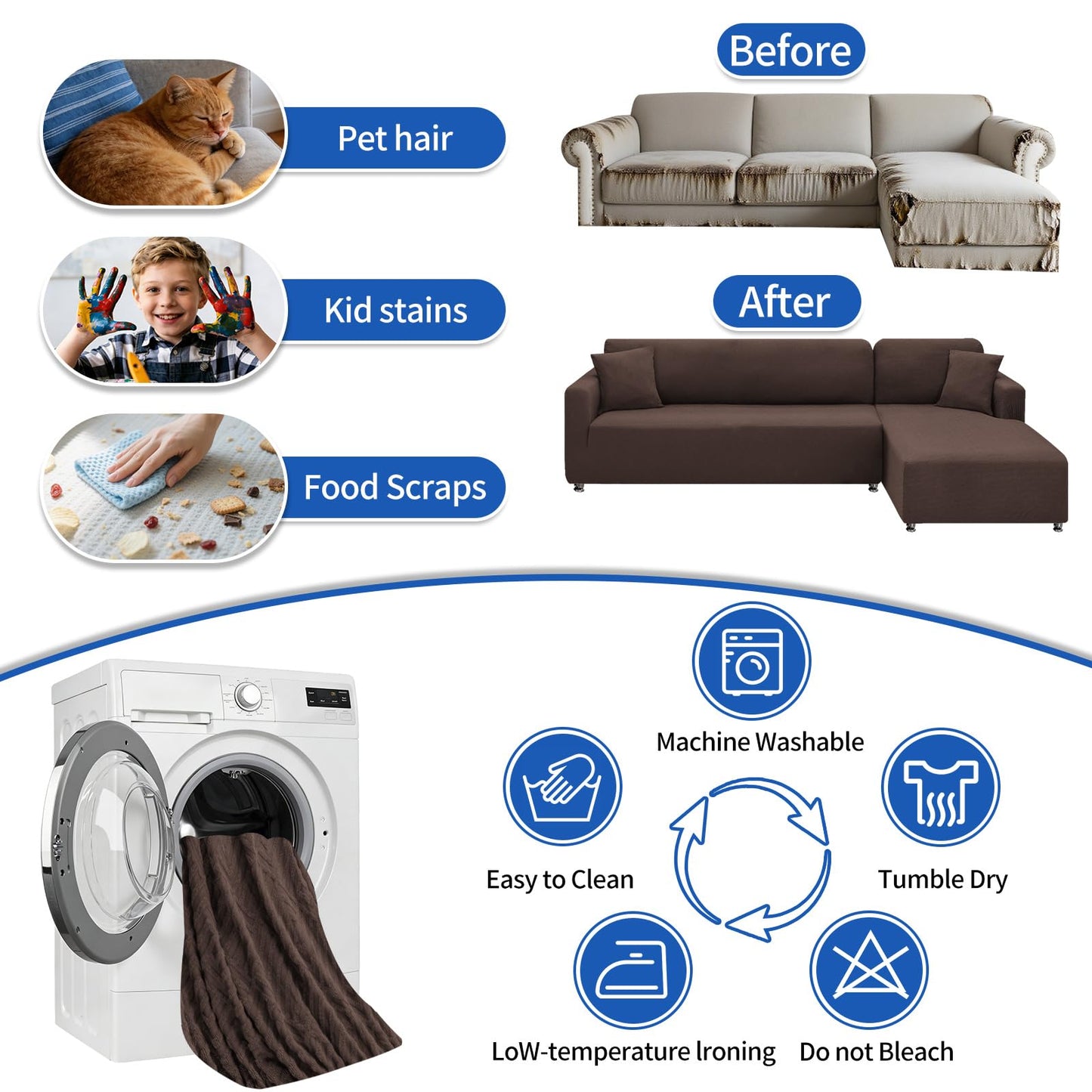 XINEAGE Sectional Couch Cover High Stretch L Shaped Sofa Cover 2 Pieces Non Slip Slipcover with Chaise Furniture Protector with 2 Pillowcases for Pets & Dogs (3 Seat Sofa + 2 Seat Chaise, Coffee)