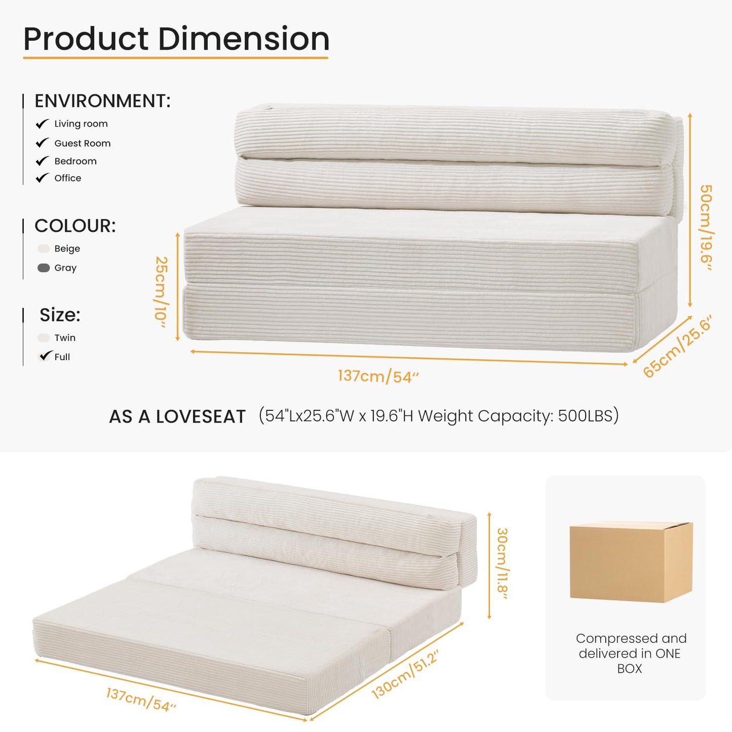 feliz home Folding Mattress, 3 in 1 Convertible Sofa Bed Fold Out Couch Bed Floor Couch Lounge Sleeper Mattress for Living Room, Guest Room (Beige, Full (Frame Included))