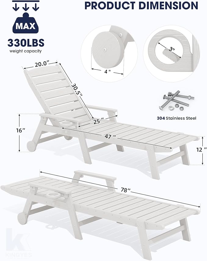 KINGYES HDPE Lounge Chair Outdoor Set of 4, Patio Chaise Lounge Recliner