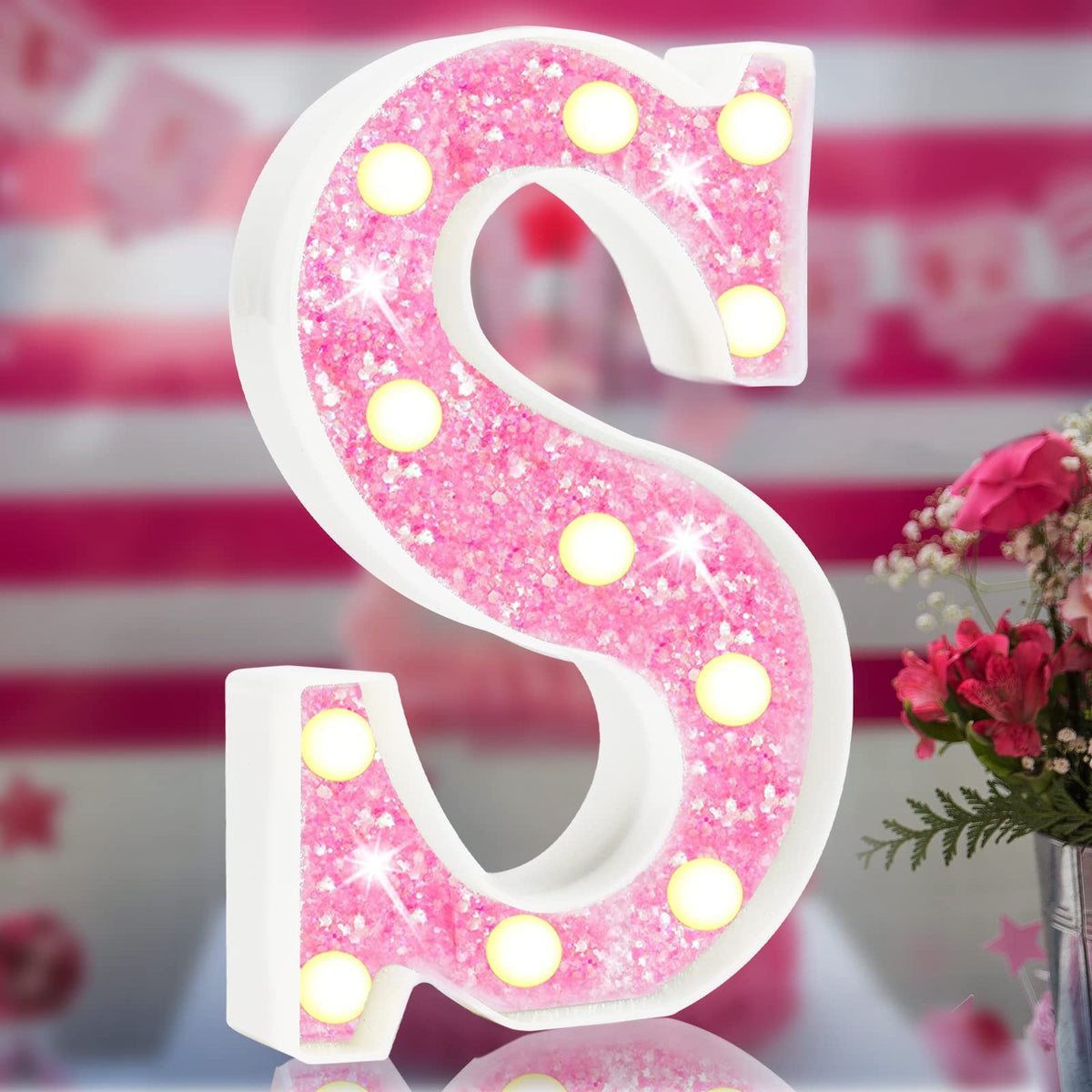 Light Up Letters, Glitter Alphabet Letter Sign Pink LED Marquee Letter Lights Battery Powered for Night Light Girls Bedroom Birthday Party Wedding Home Christmas Decorations Gift for Her-Pink S